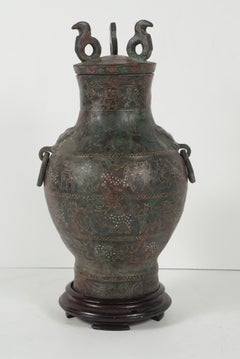 Chinese Zhou Dynasty Style Bronze Hue Inlaid with Gold  & Silver Wire