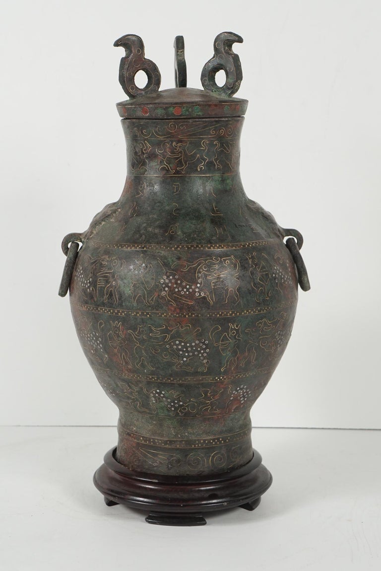 Chinese Zhou Dynasty Style Bronze Hue Inlaid with Gold and Silver Wire For Sale at 1stDibs