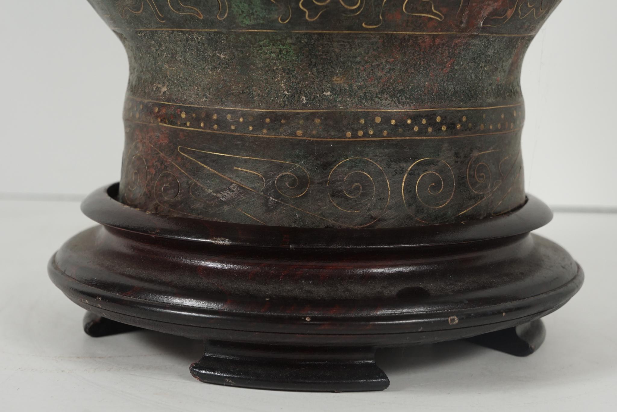 Chinese Zhou Dynasty Style Bronze Hue Inlaid with Gold  & Silver Wire In Good Condition For Sale In Hudson, NY