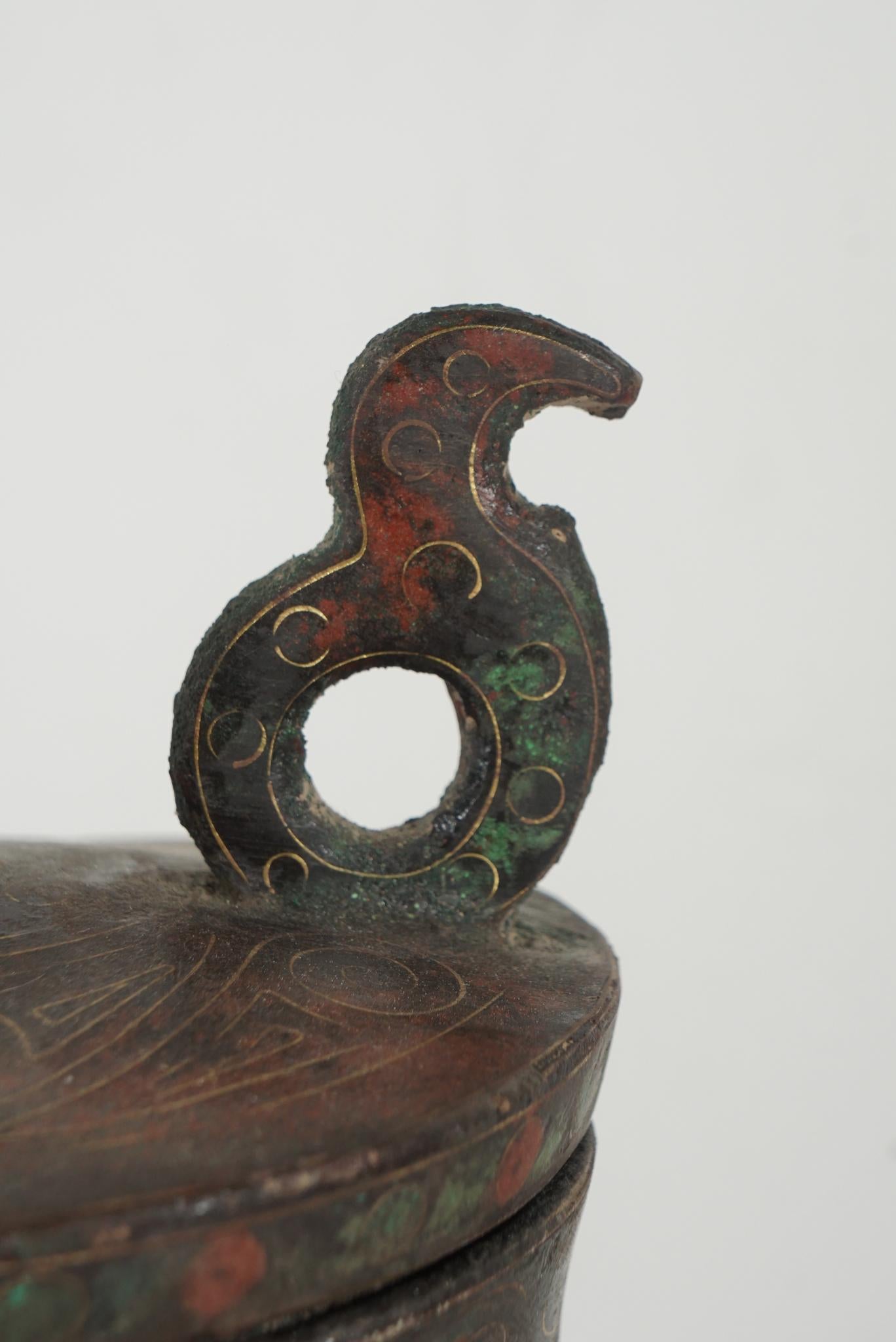 Chinese Zhou Dynasty Style Bronze Hue Inlaid with Gold  & Silver Wire For Sale 1