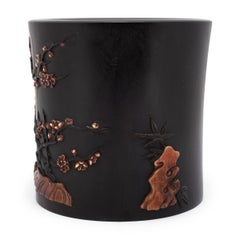 Chinese Zitan Brush Pot with Soapstone Inlay, c. 1900