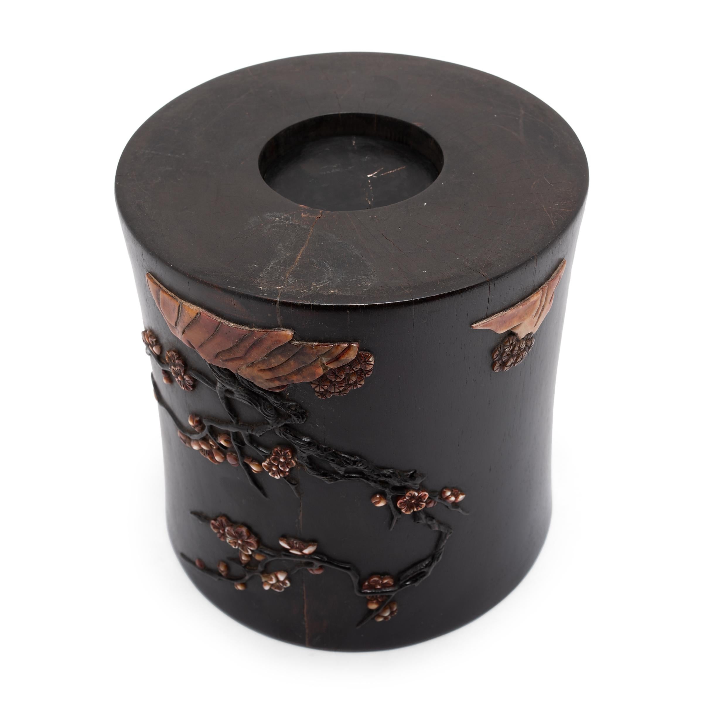 Bone Chinese Zitan Brush Pot with Soapstone Inlay, c. 1900 For Sale