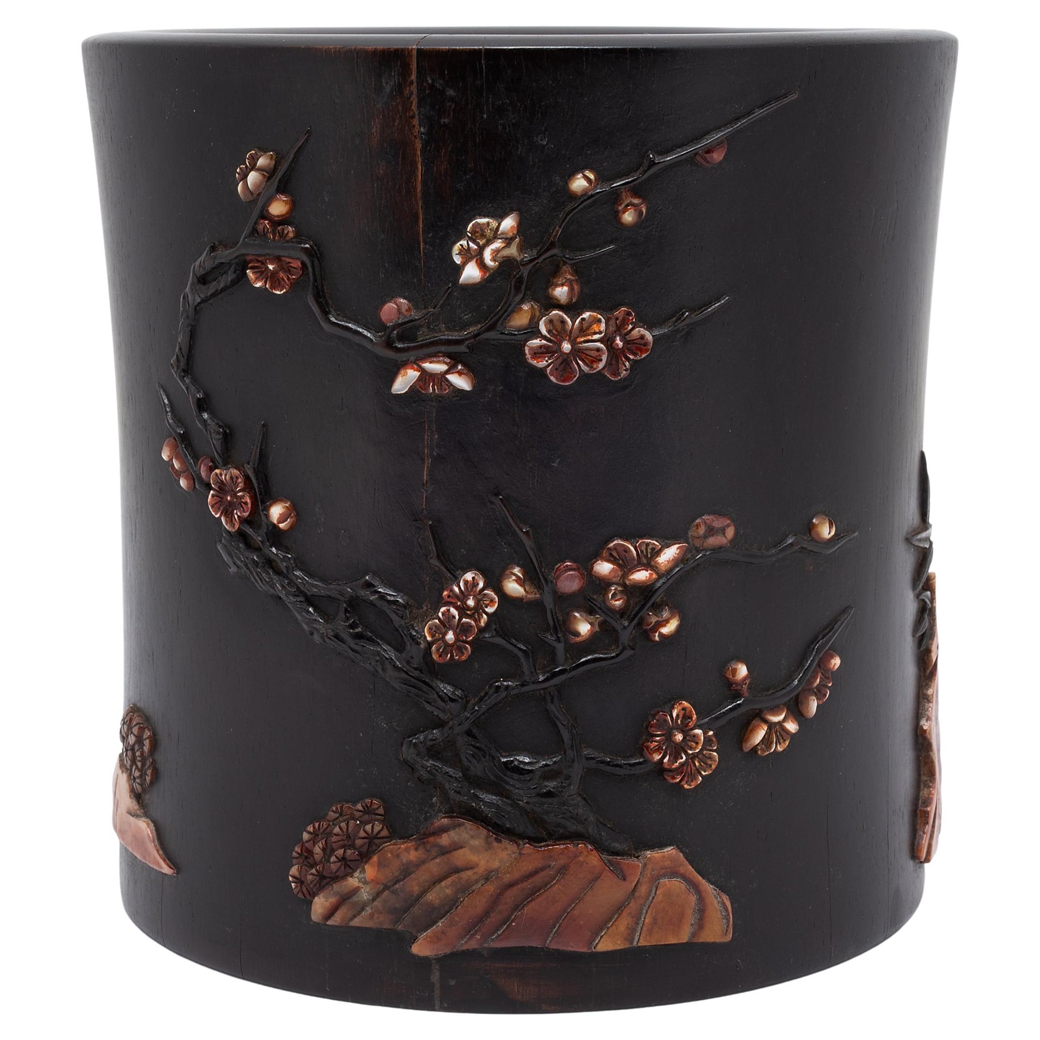 Chinese Zitan Brush Pot with Soapstone Inlay, c. 1900 For Sale