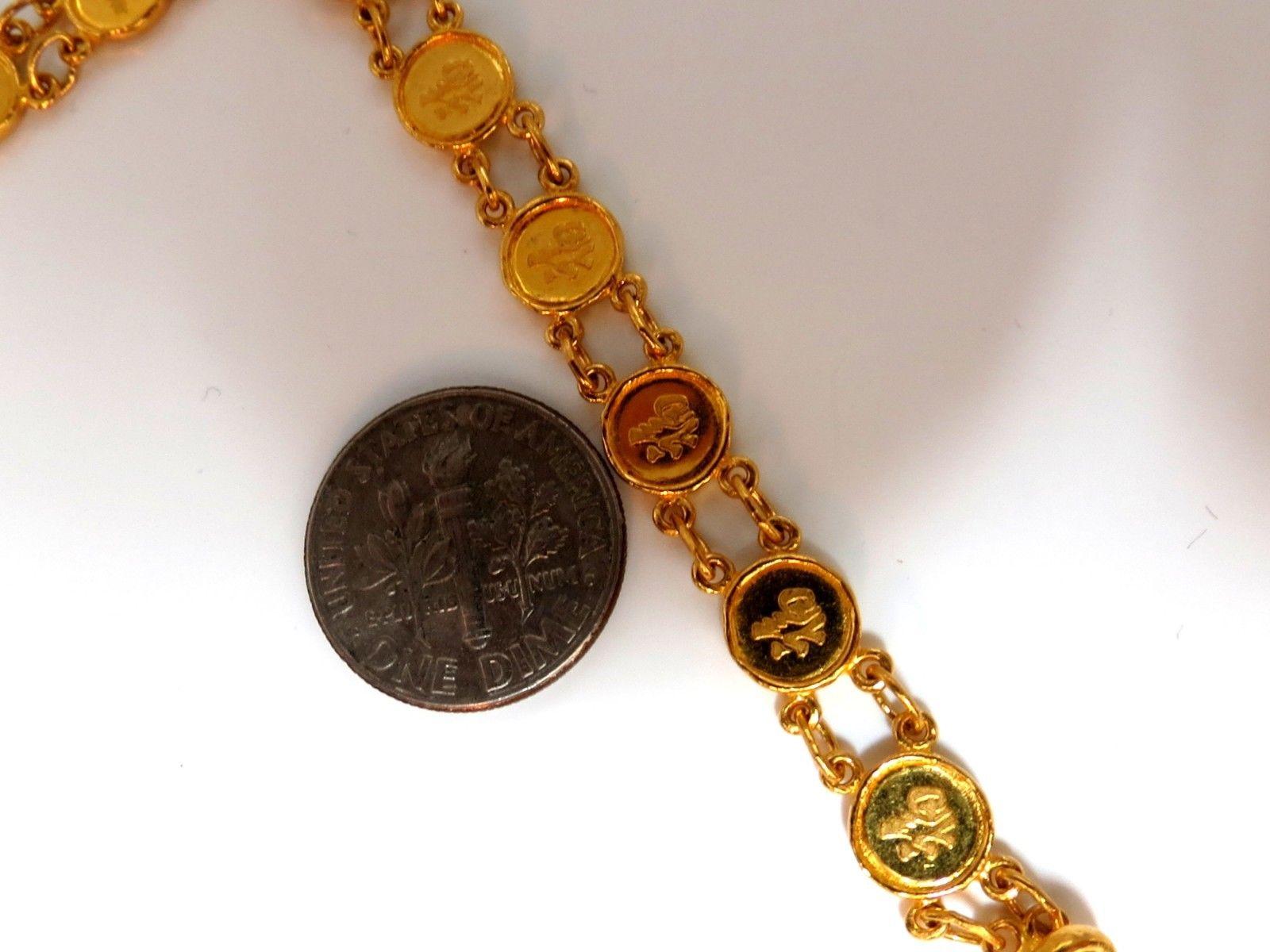 24kt. Chinese medallion bracelet. 9gms $950

Chinese Zodiac 12 Bracelet

Smooth & High Shine

6.7mm on Zodiac medallion

6.5 inch / wearable length

9 Grams.

Acid Tested 22kt yellow Gold.

Secure & Comfortable 