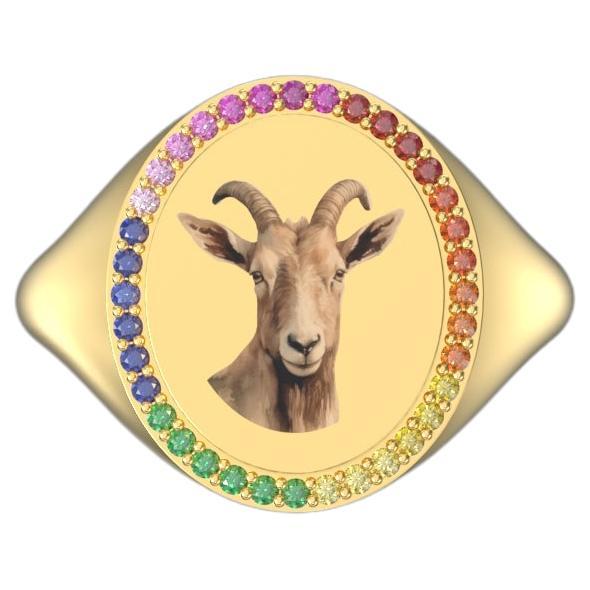 Chinese Zodiac Goat Ring, 18K YG with Rainbow Sapphires and Rubies For Sale
