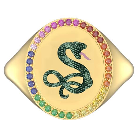 Chinese Zodiac Snake Ring, 18K Yellow Gold with Rainbow Sapphires and Rubies For Sale