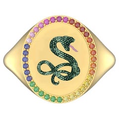 Chinese Zodiac Snake Ring, 18K Yellow Gold with Rainbow Sapphires and Rubies