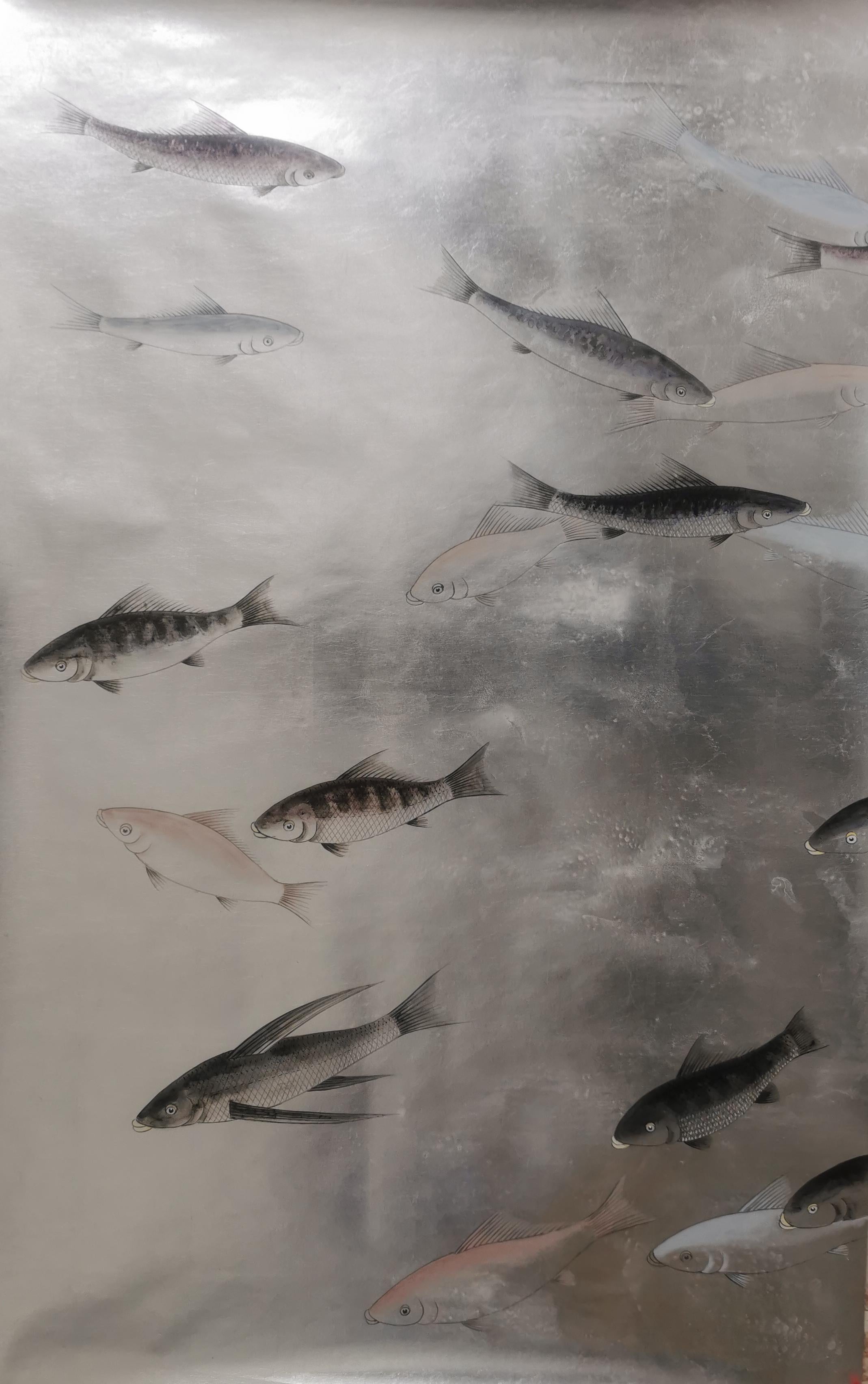 Chinoiser-Tafel, handbemalte Tapeten auf Silber Metallic /Paneel im Zustand „Neu“ im Angebot in Wuxi, 32