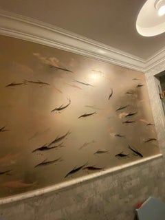 Chinoiser Panel Hand Painted Wallpaper on Silver Metallic /Panel