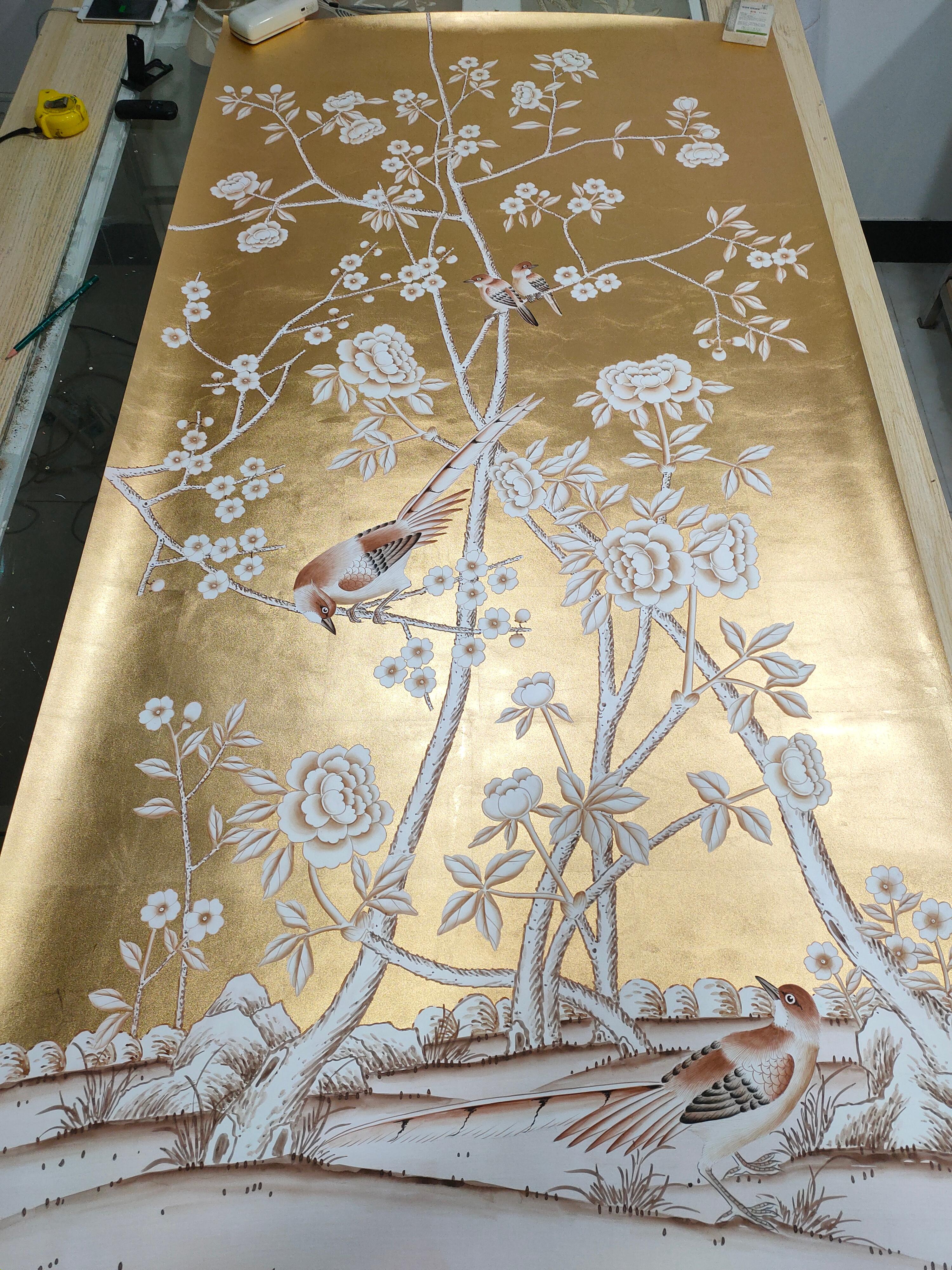 Chinese Chinoiser roll Hand Painted Wallpaper on Gold Metallic, Accept Custom Size For Sale