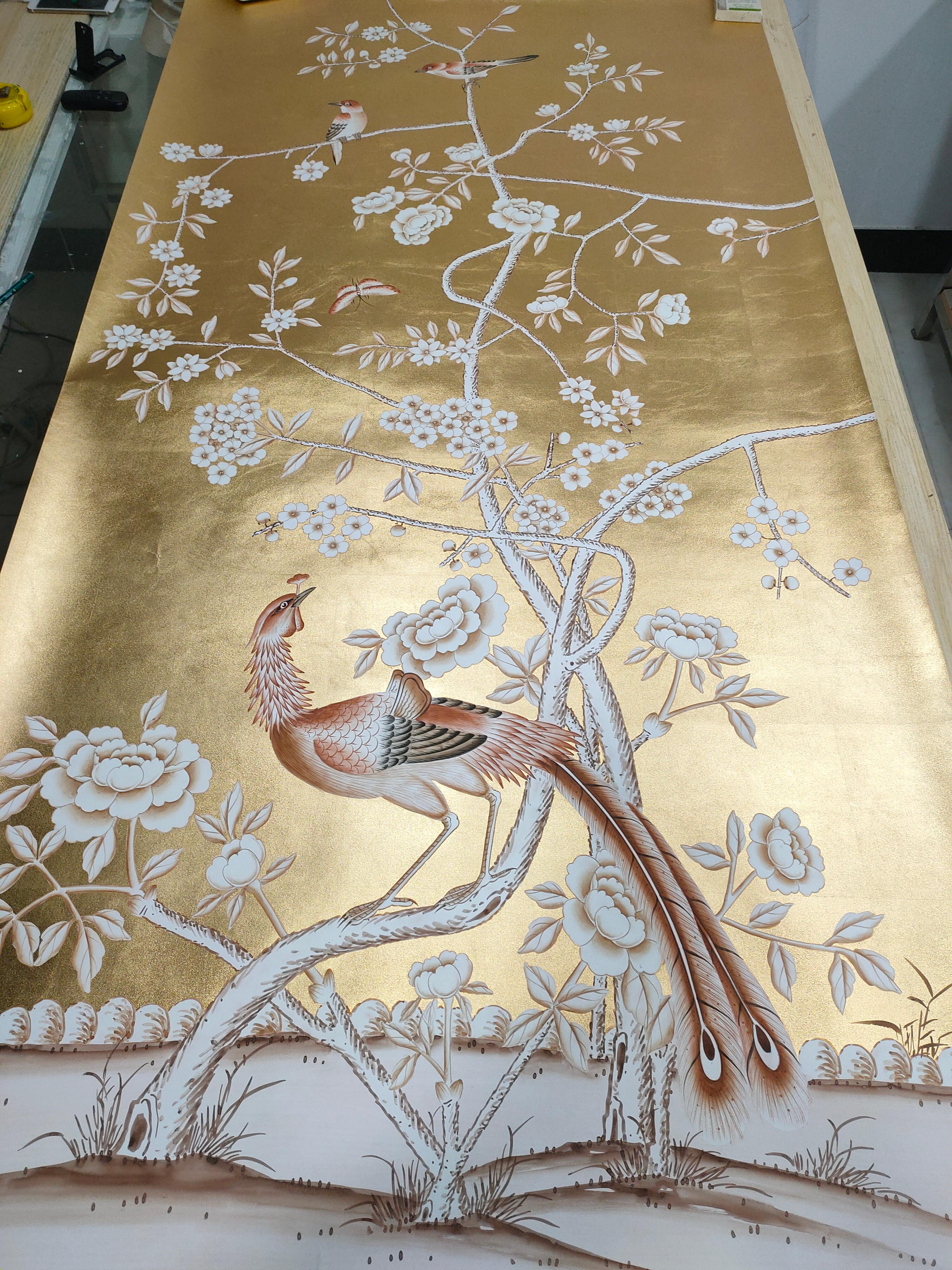 Hand-Painted Chinoiser roll Hand Painted Wallpaper on Gold Metallic, Accept Custom Size For Sale
