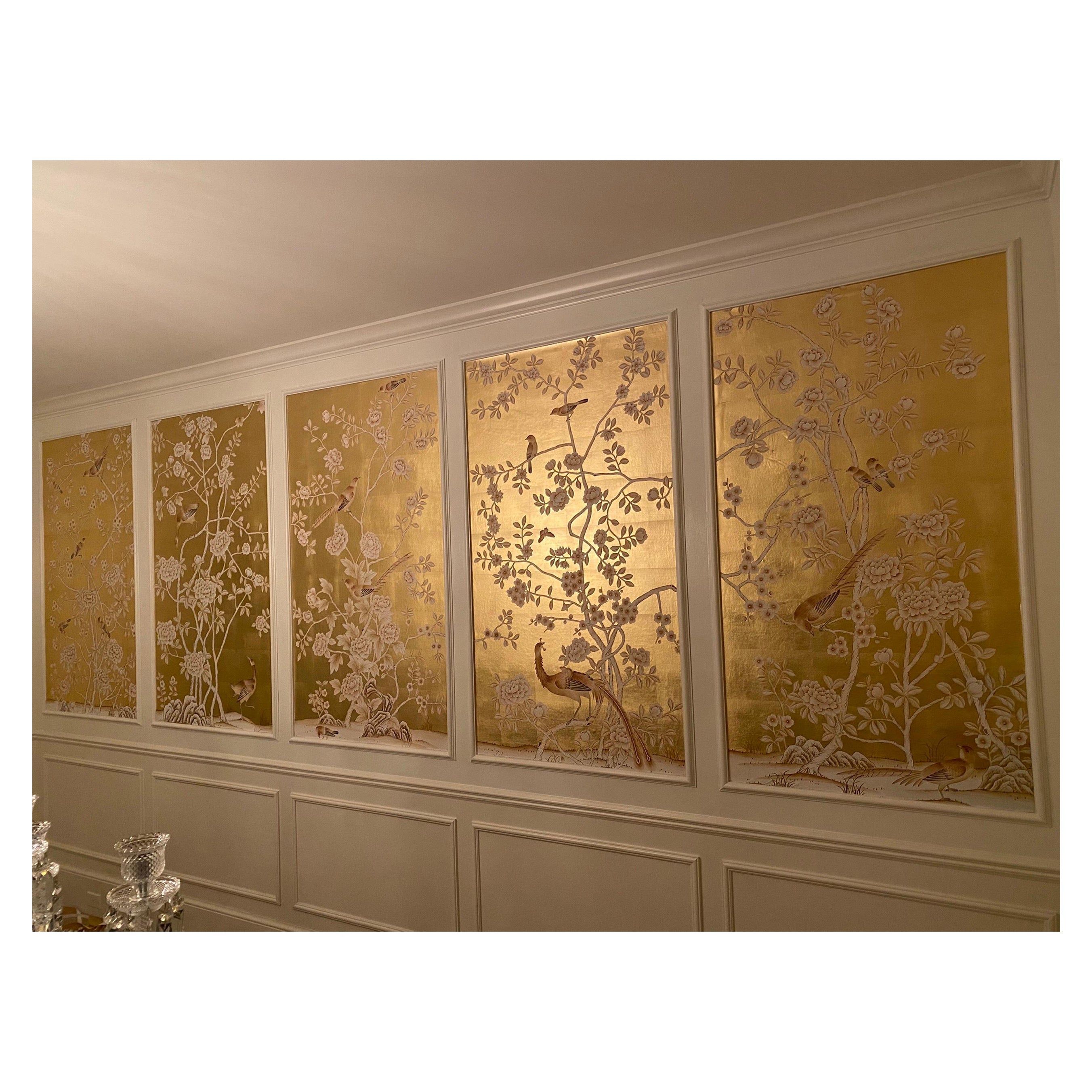 Chinoiser-Roll-Tapete, handbemalt auf Goldmetallic, akzeptiert Sondergröße