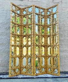 Chinoiserie 1970s 4 Panel Mirror Bamboo Room Divider Privacy Screen