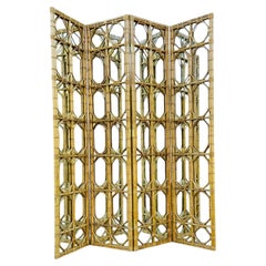 Vintage Chinoiserie 1970s 4 Panel Mirror Bamboo Room Divider Privacy Screen