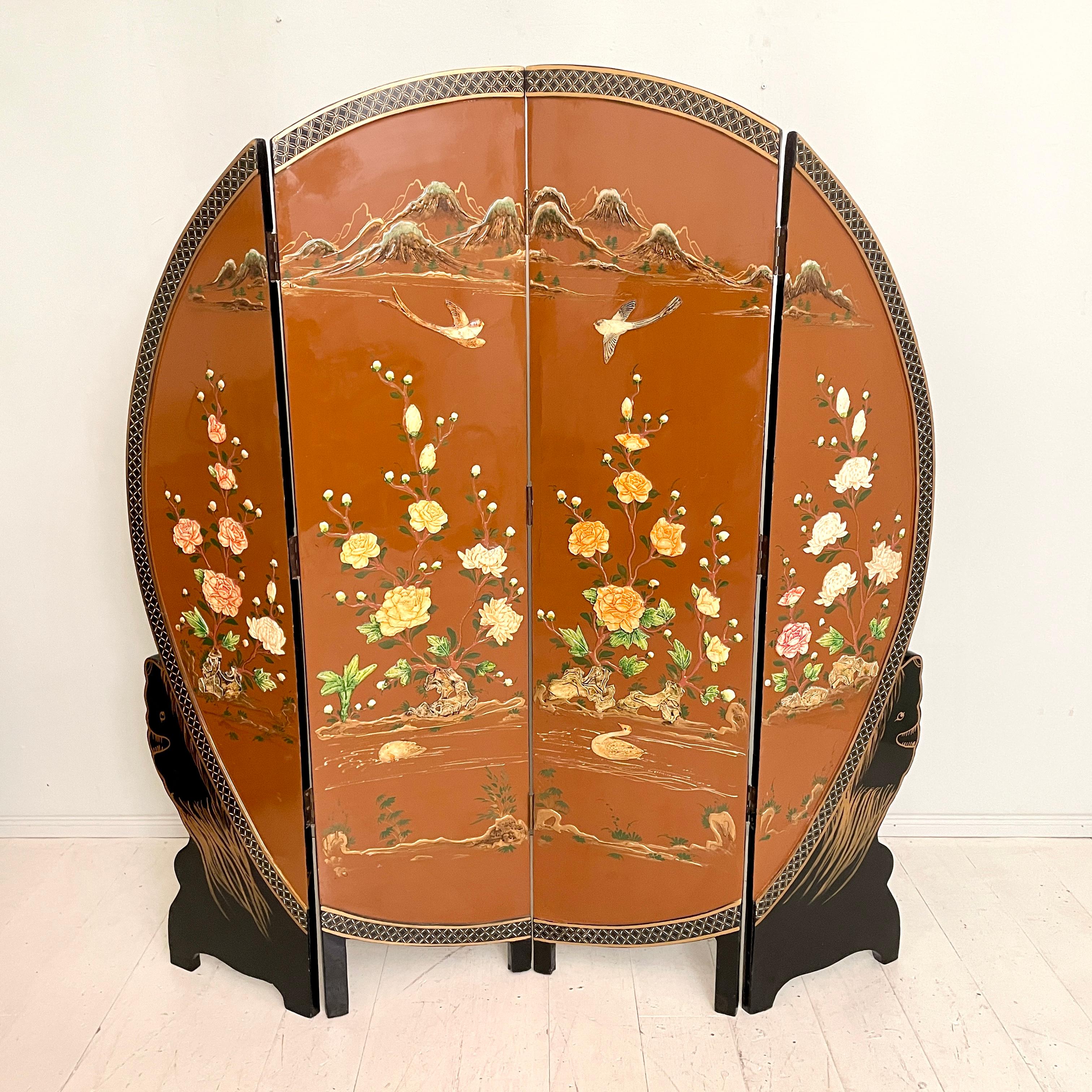 Chinoiserie and Black Lacquer Four-Panel Folding Screen Room Divider, 1930s For Sale 4