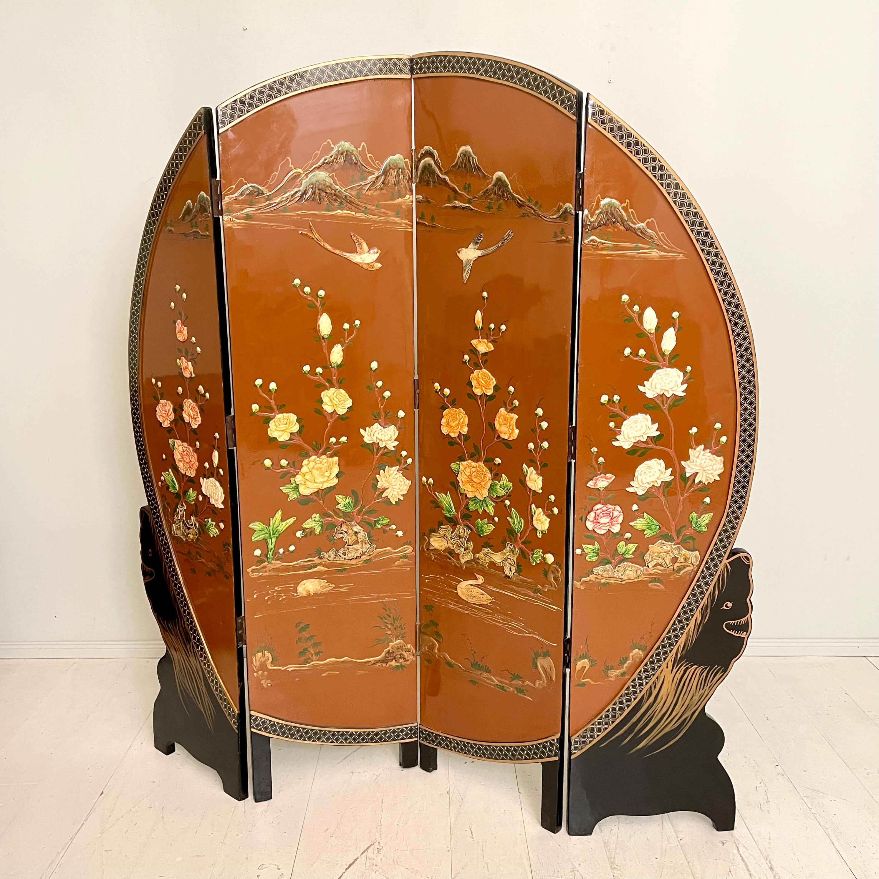Chinoiserie and Black Lacquer Four-Panel Folding Screen Room Divider, 1930s For Sale 5