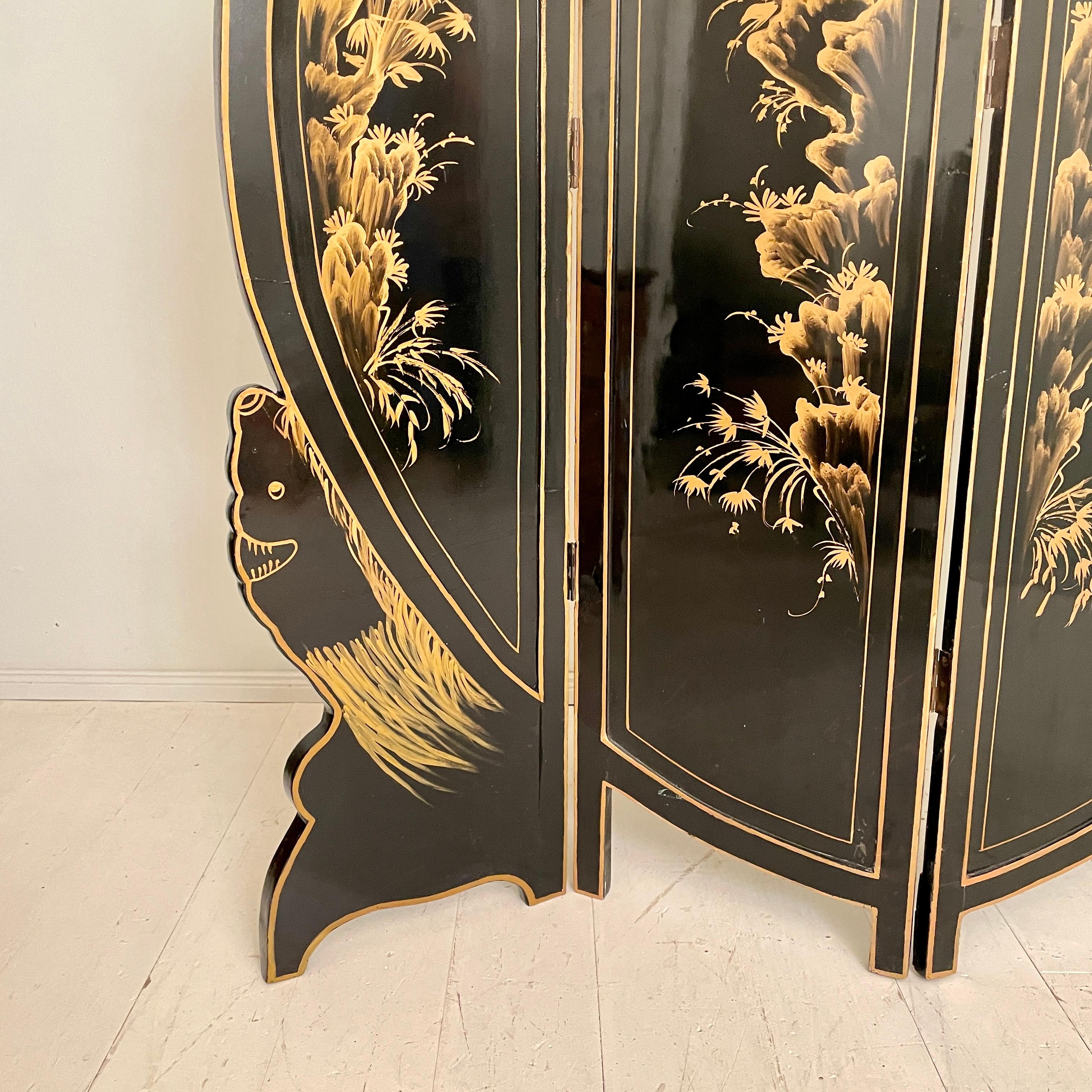 Chinoiserie and Black Lacquer Four-Panel Folding Screen Room Divider, 1930s For Sale 6