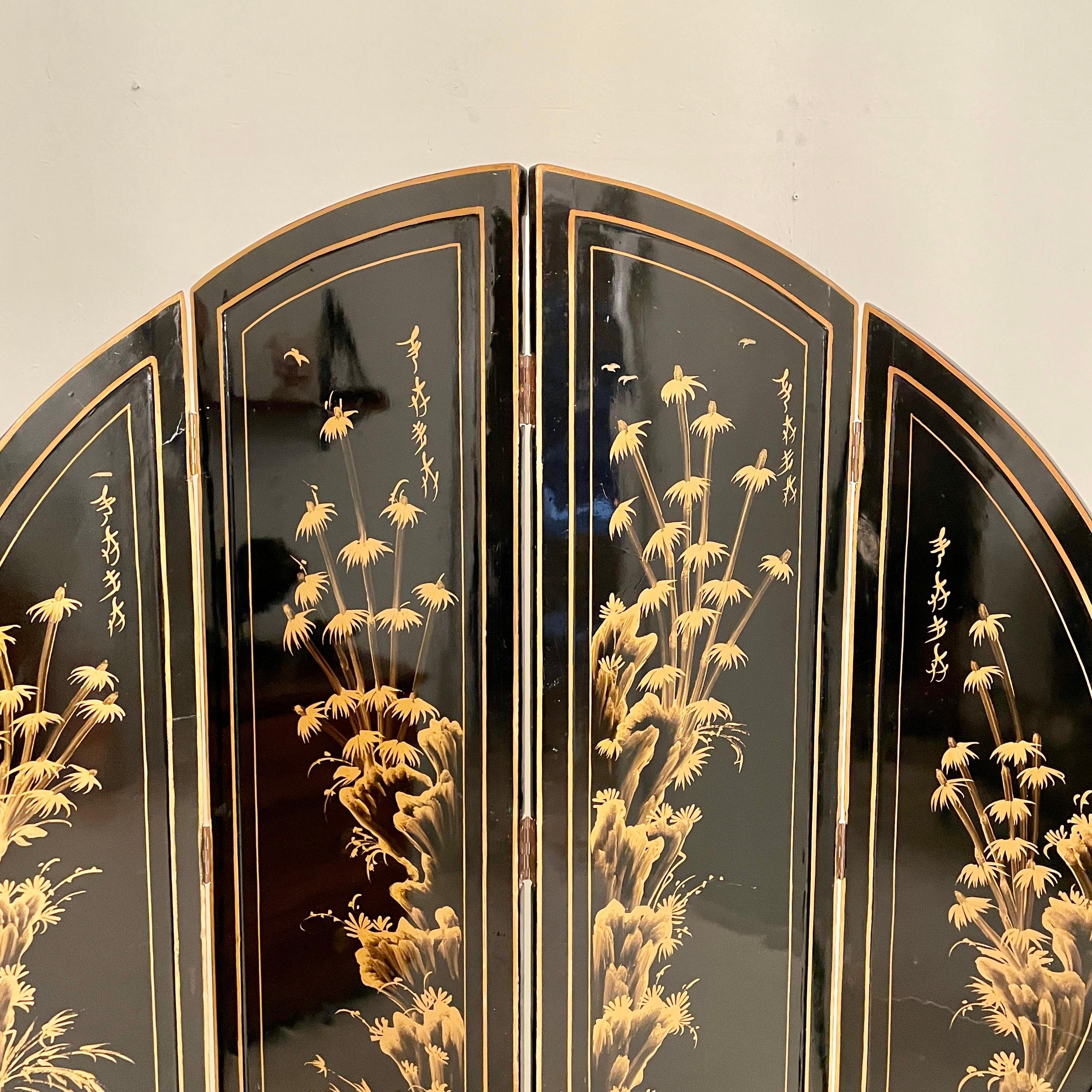 Chinoiserie and Black Lacquer Four-Panel Folding Screen Room Divider, 1930s For Sale 8