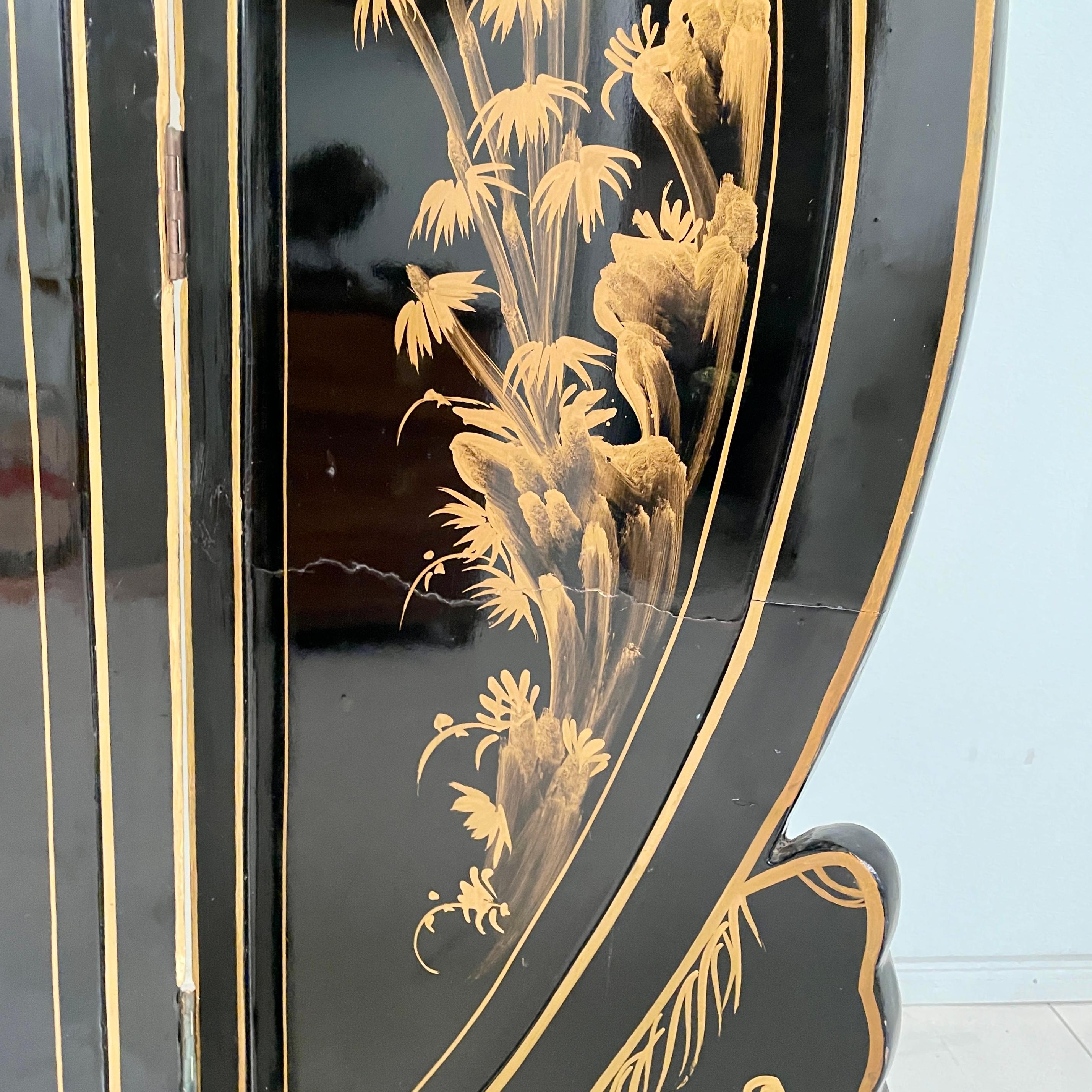 Chinoiserie and Black Lacquer Four-Panel Folding Screen Room Divider, 1930s For Sale 12