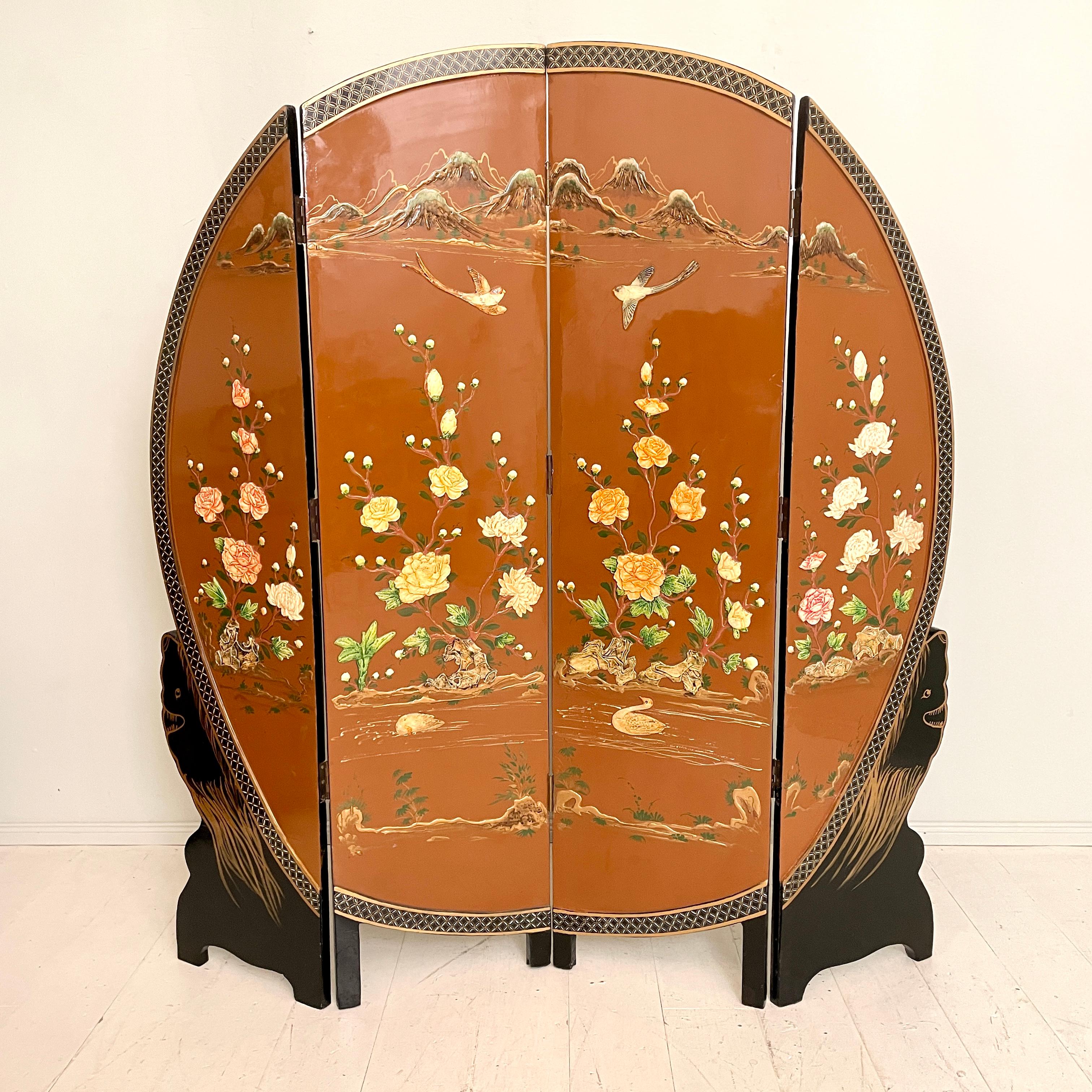 Chinese Chinoiserie and Black Lacquer Four-Panel Folding Screen Room Divider, 1930s For Sale