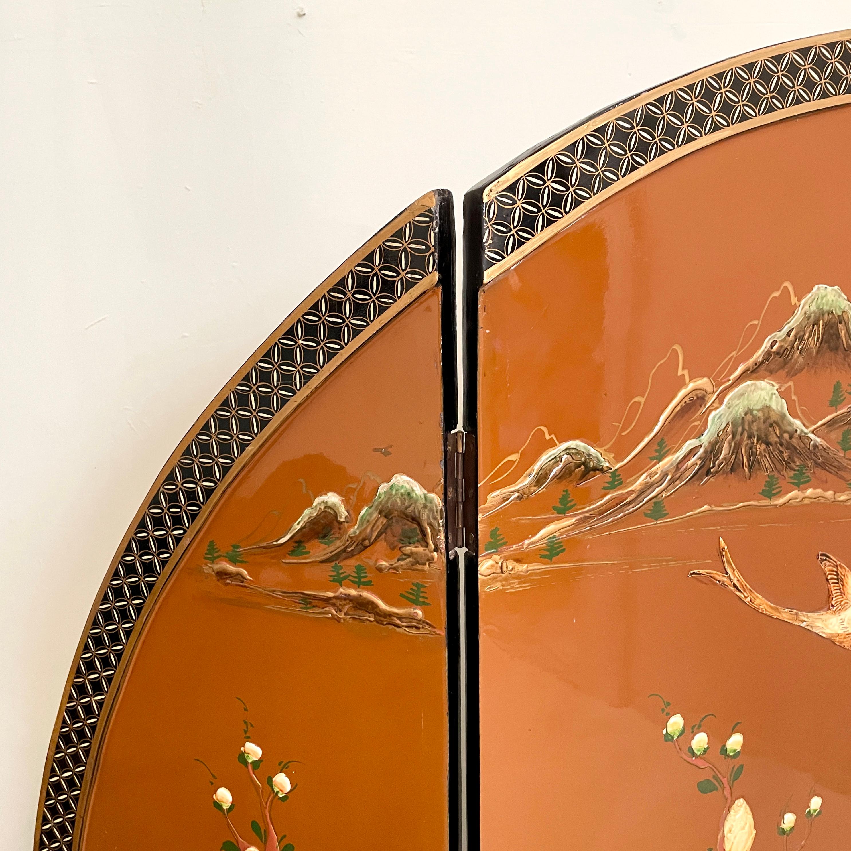 Chinoiserie and Black Lacquer Four-Panel Folding Screen Room Divider, 1930s In Good Condition For Sale In Berlin, DE