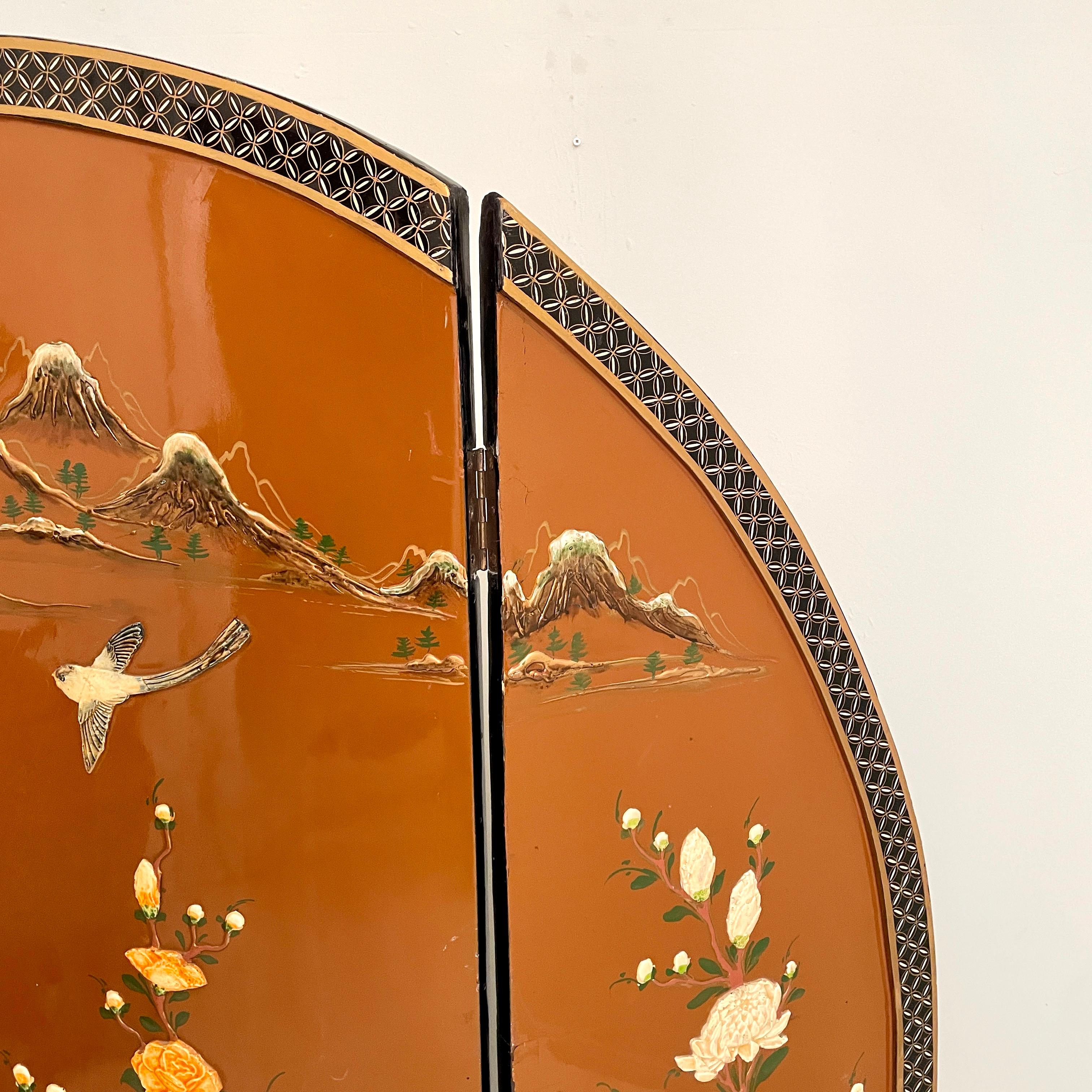 Mid-20th Century Chinoiserie and Black Lacquer Four-Panel Folding Screen Room Divider, 1930s For Sale