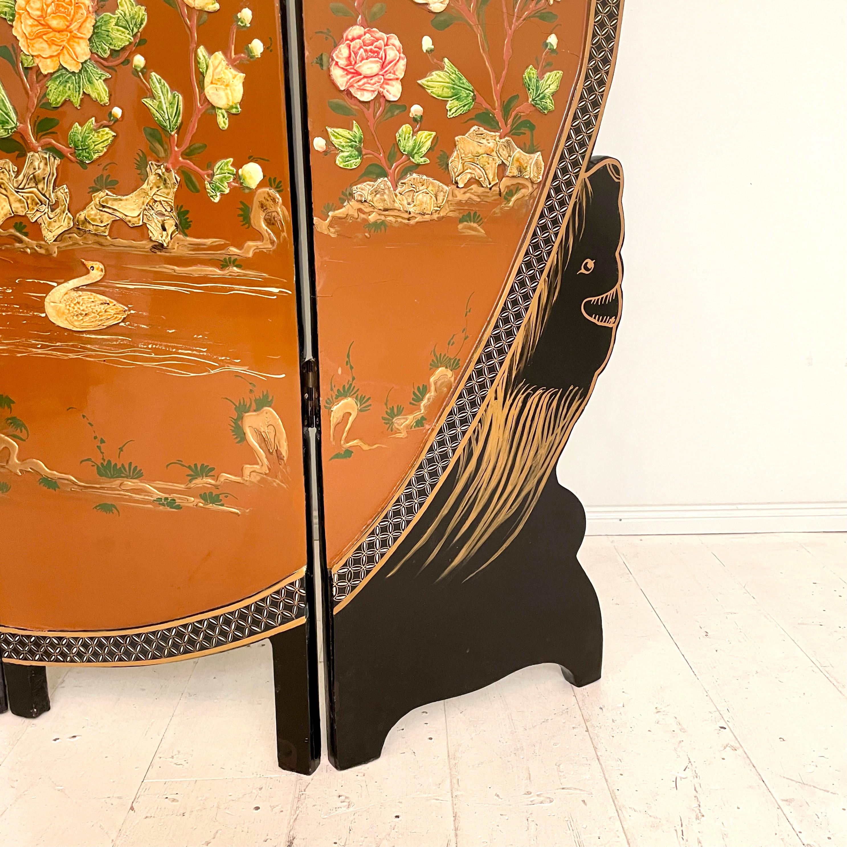 Wood Chinoiserie and Black Lacquer Four-Panel Folding Screen Room Divider, 1930s For Sale