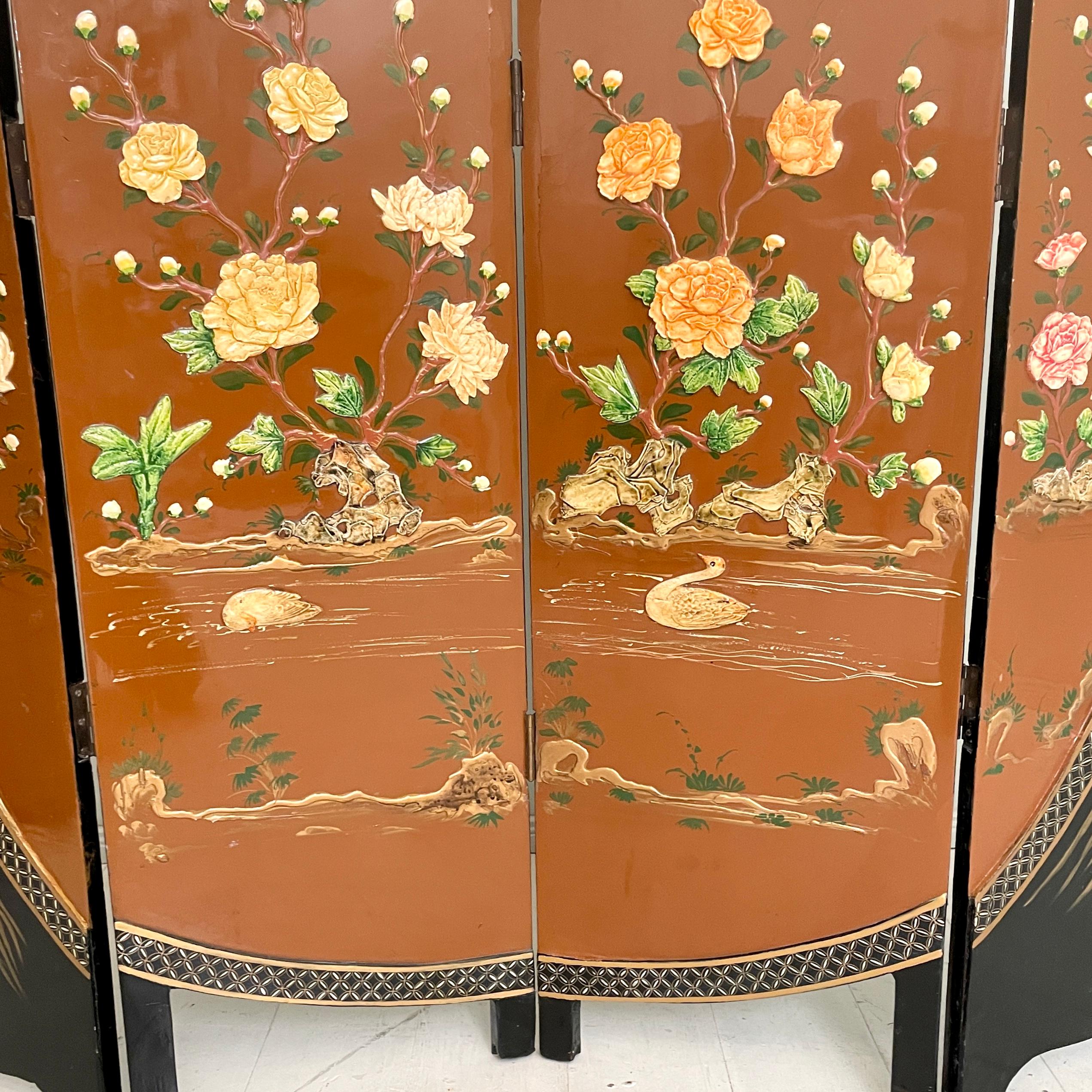 Chinoiserie and Black Lacquer Four-Panel Folding Screen Room Divider, 1930s For Sale 2