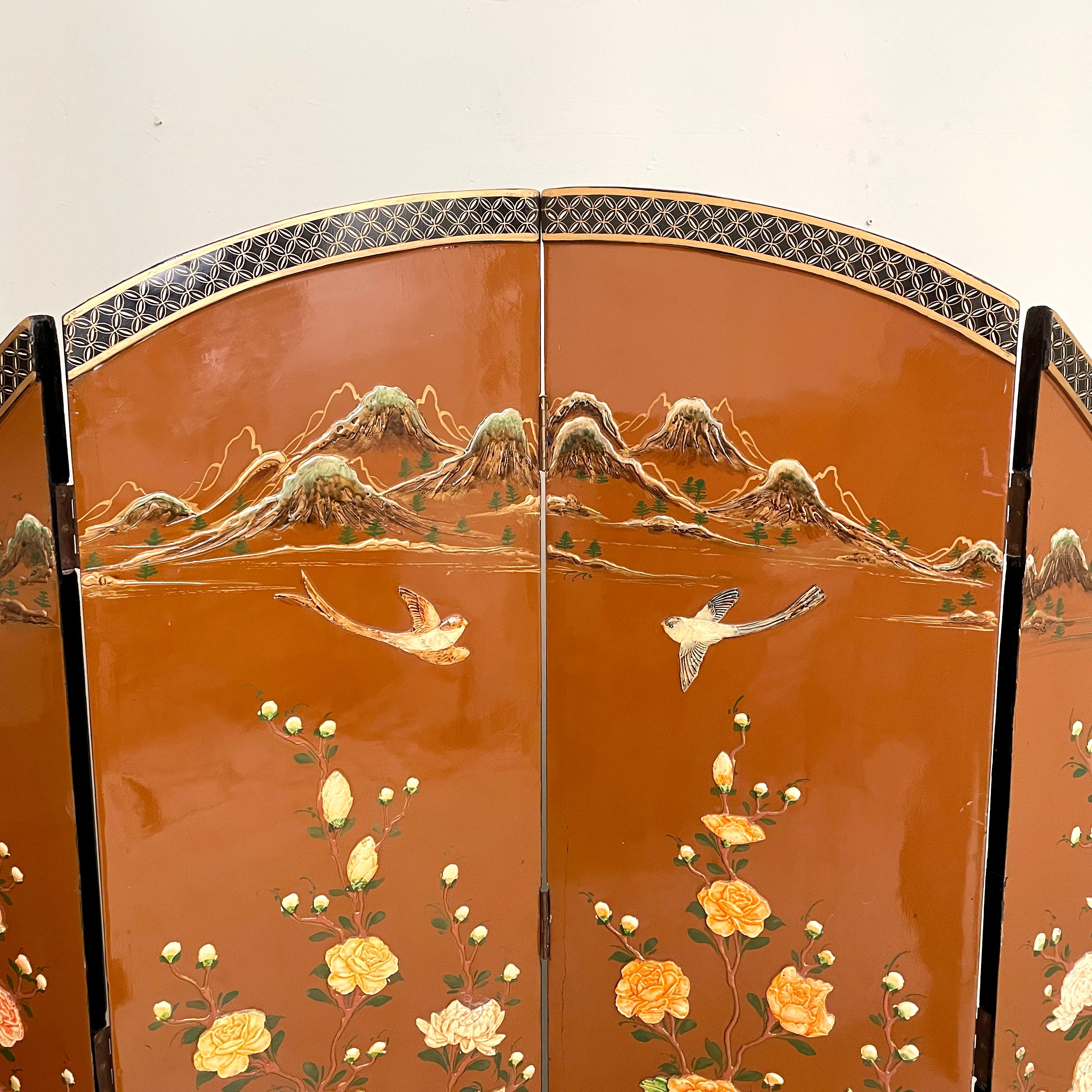 Chinoiserie and Black Lacquer Four-Panel Folding Screen Room Divider, 1930s For Sale 3