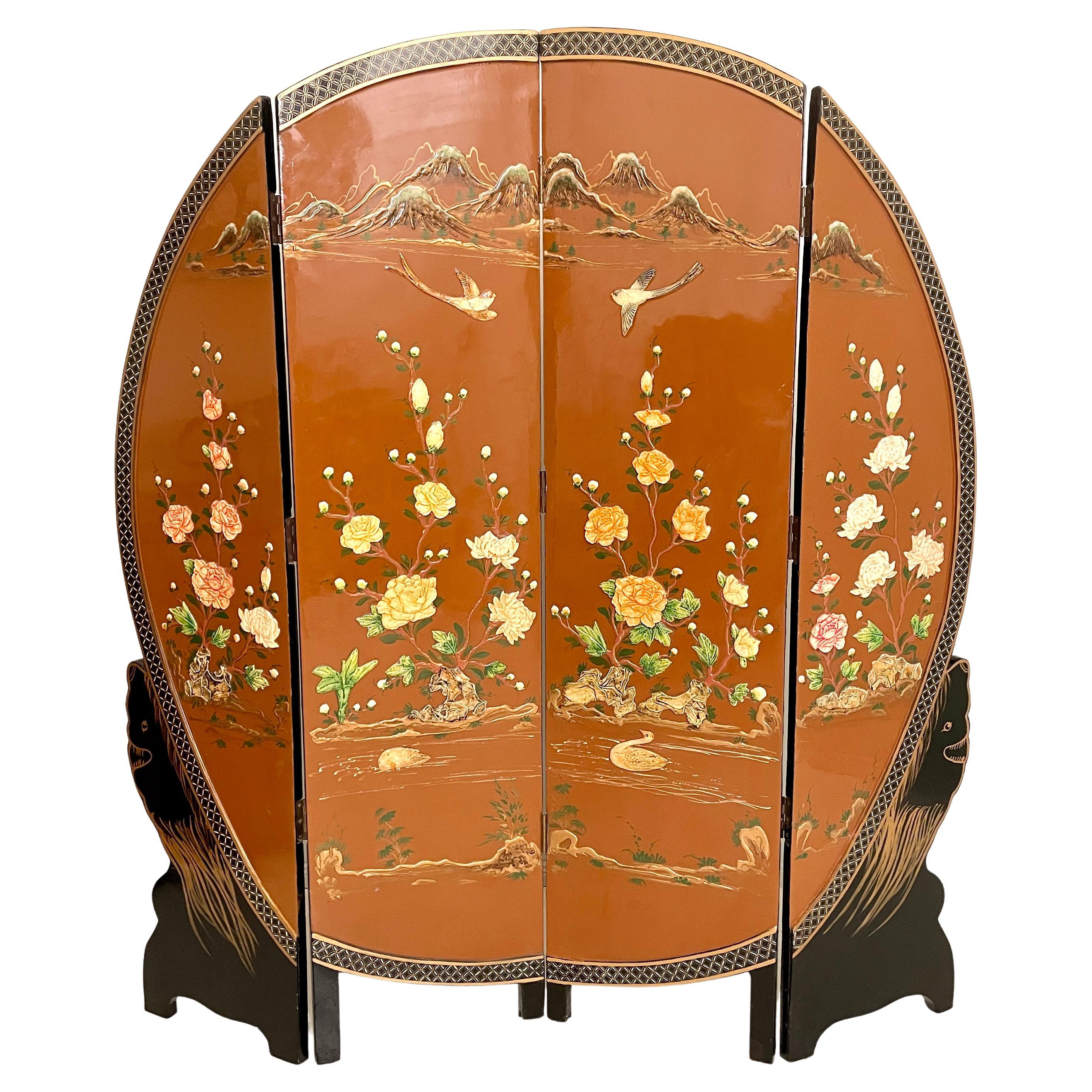 Chinoiserie and Black Lacquer Four-Panel Folding Screen Room Divider, 1930s For Sale