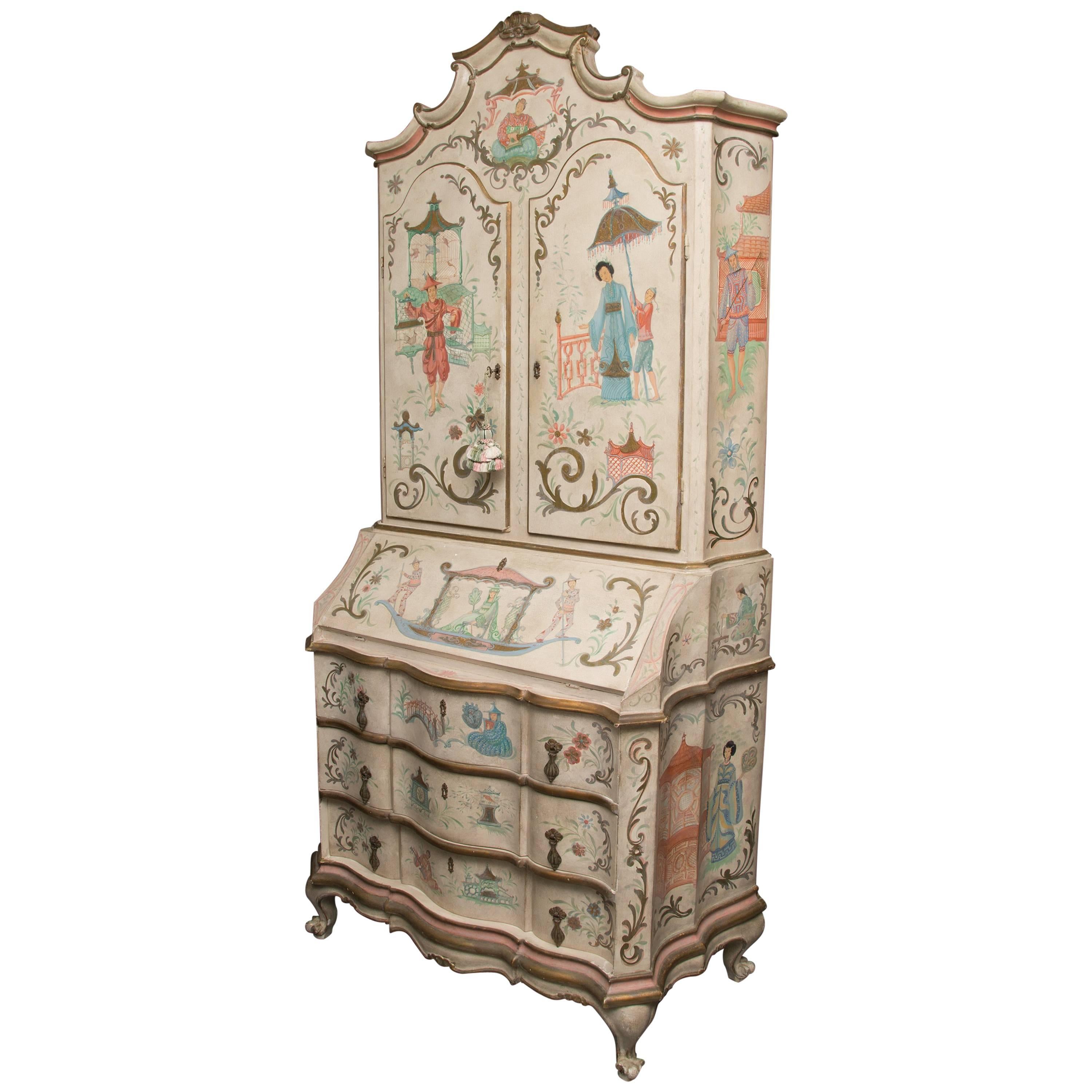 Chinoiserie and Cream-Painted Italian Queen Anne Style Secretary
