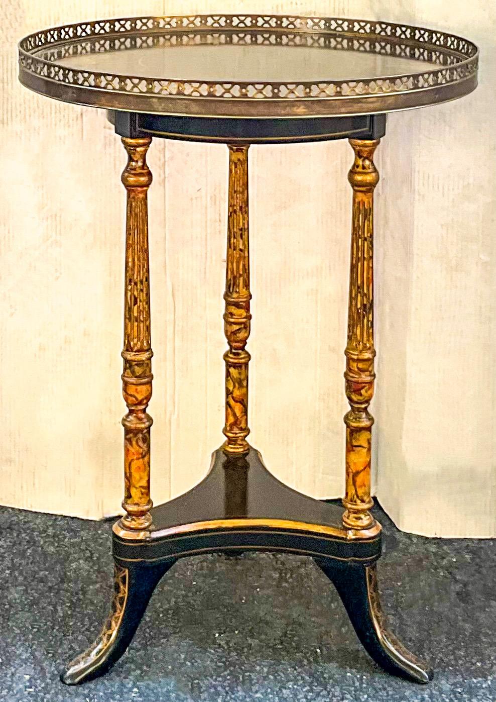 20th Century Chinoiserie and Faux Marble Painted Cocktail Gueridon / Table W/ Brass Gallery For Sale