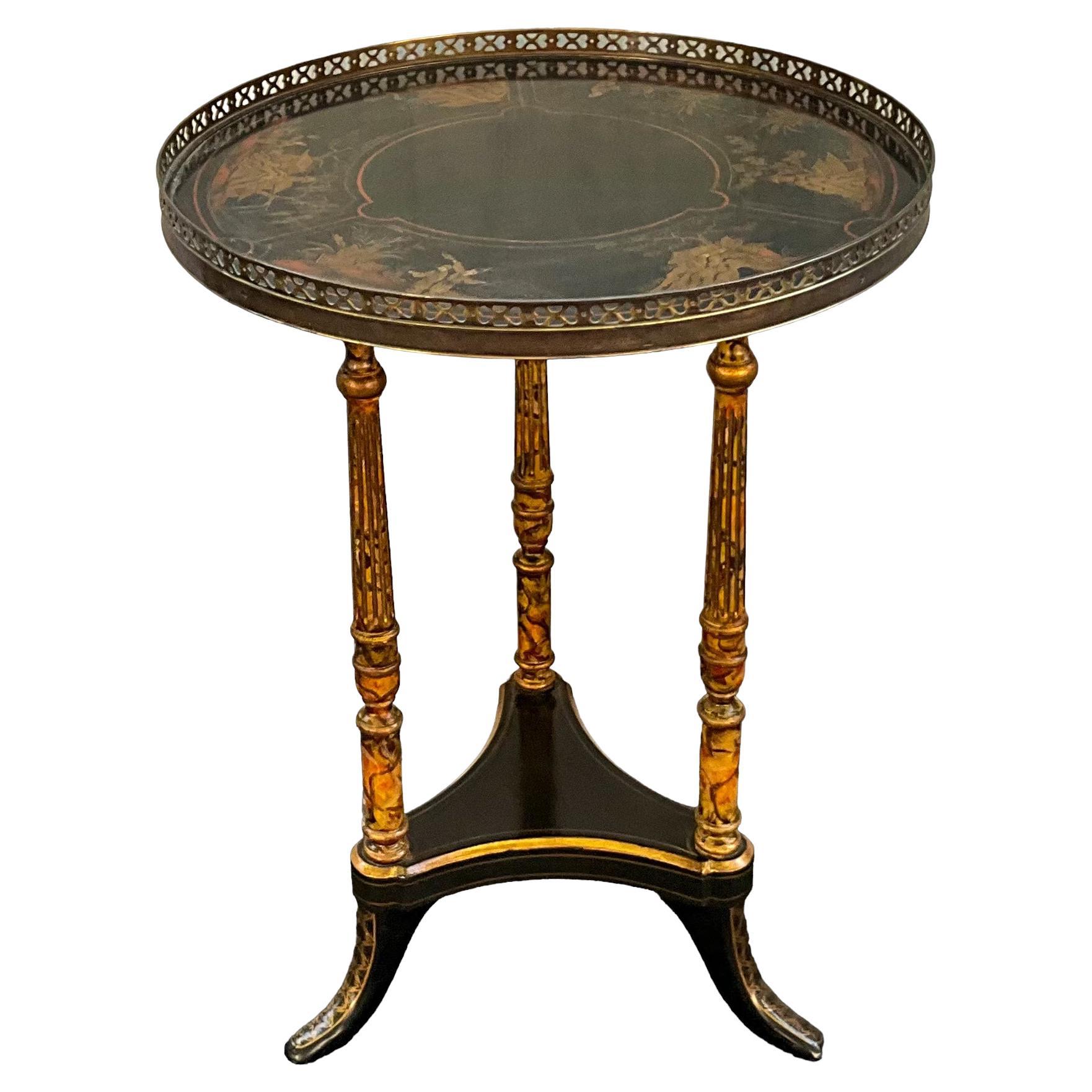 Chinoiserie and Faux Marble Painted Cocktail Gueridon / Table W/ Brass Gallery For Sale