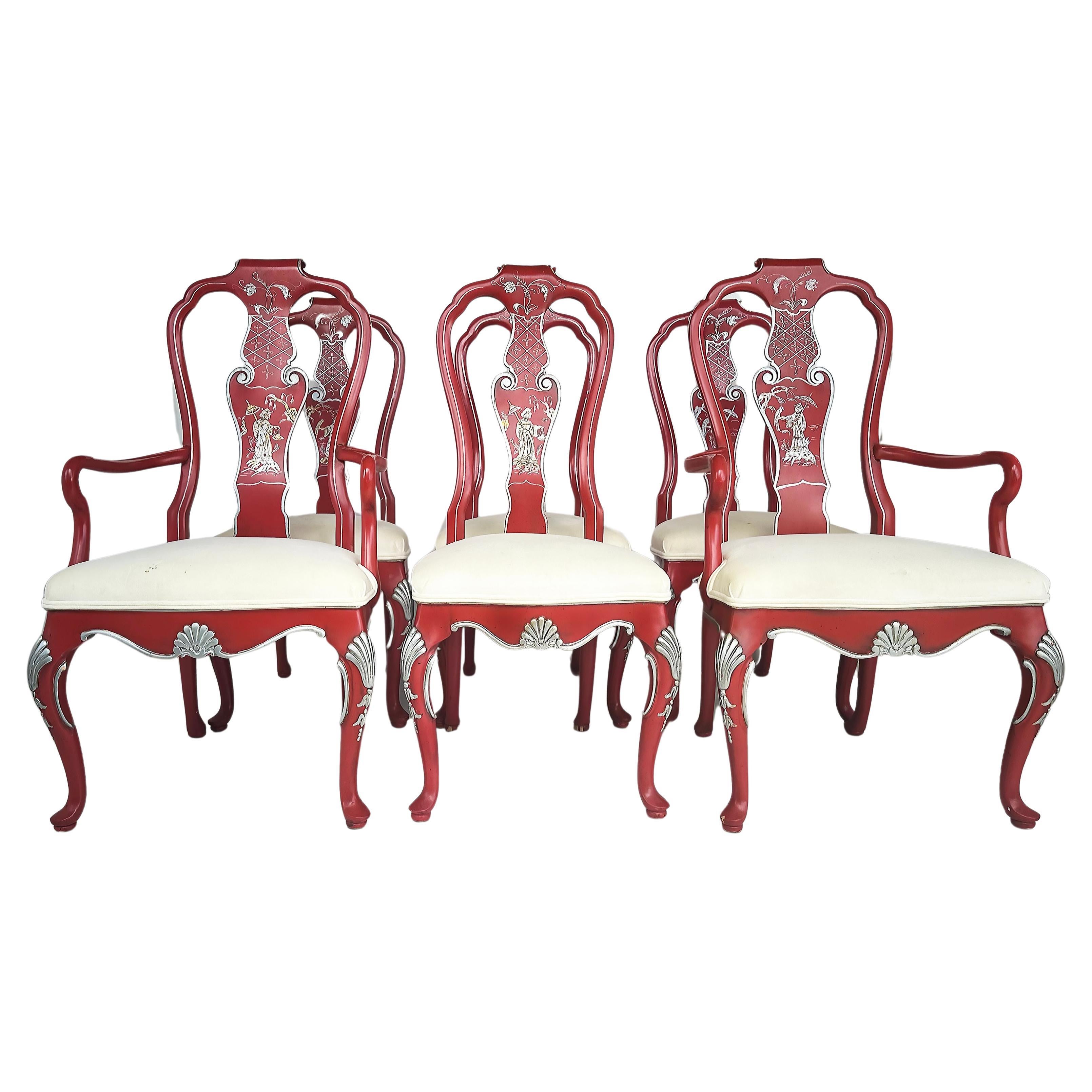 Vintage Chinoiserie Silver Leaf Dining Chairs, Set of 6, 2 Armchairs, 4 Sides