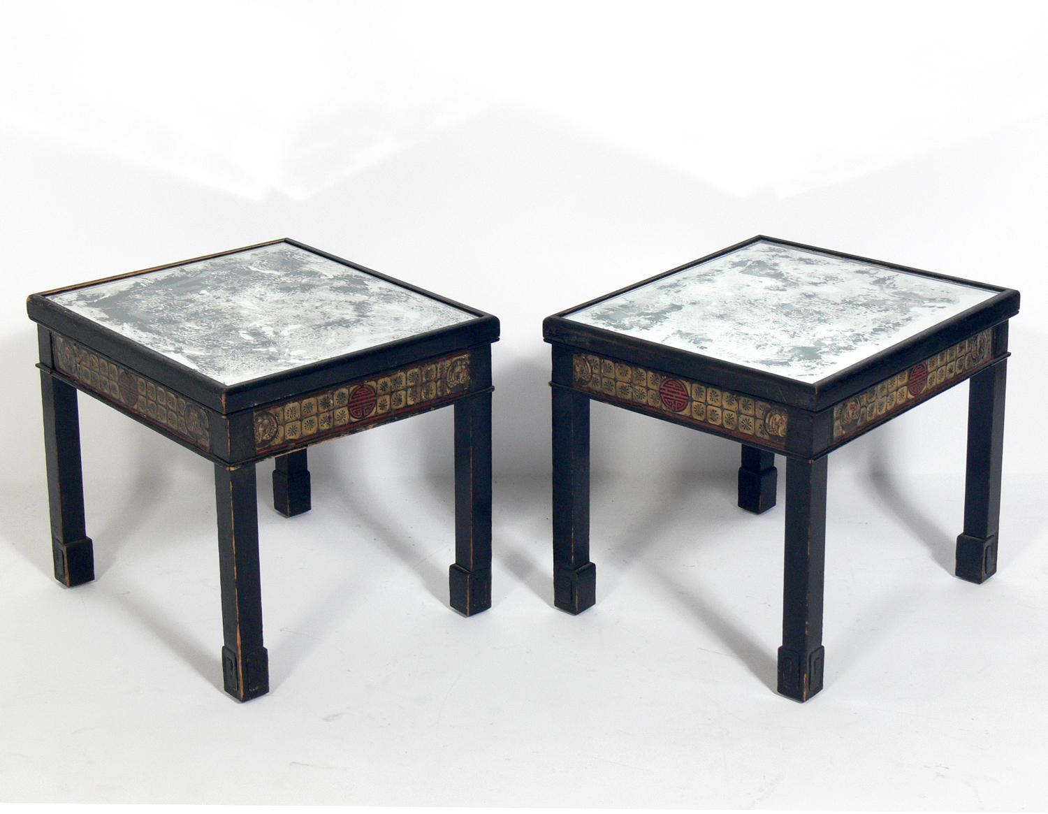Chinese Chinoiserie Antiqued Mirror Top End Tables For Sale