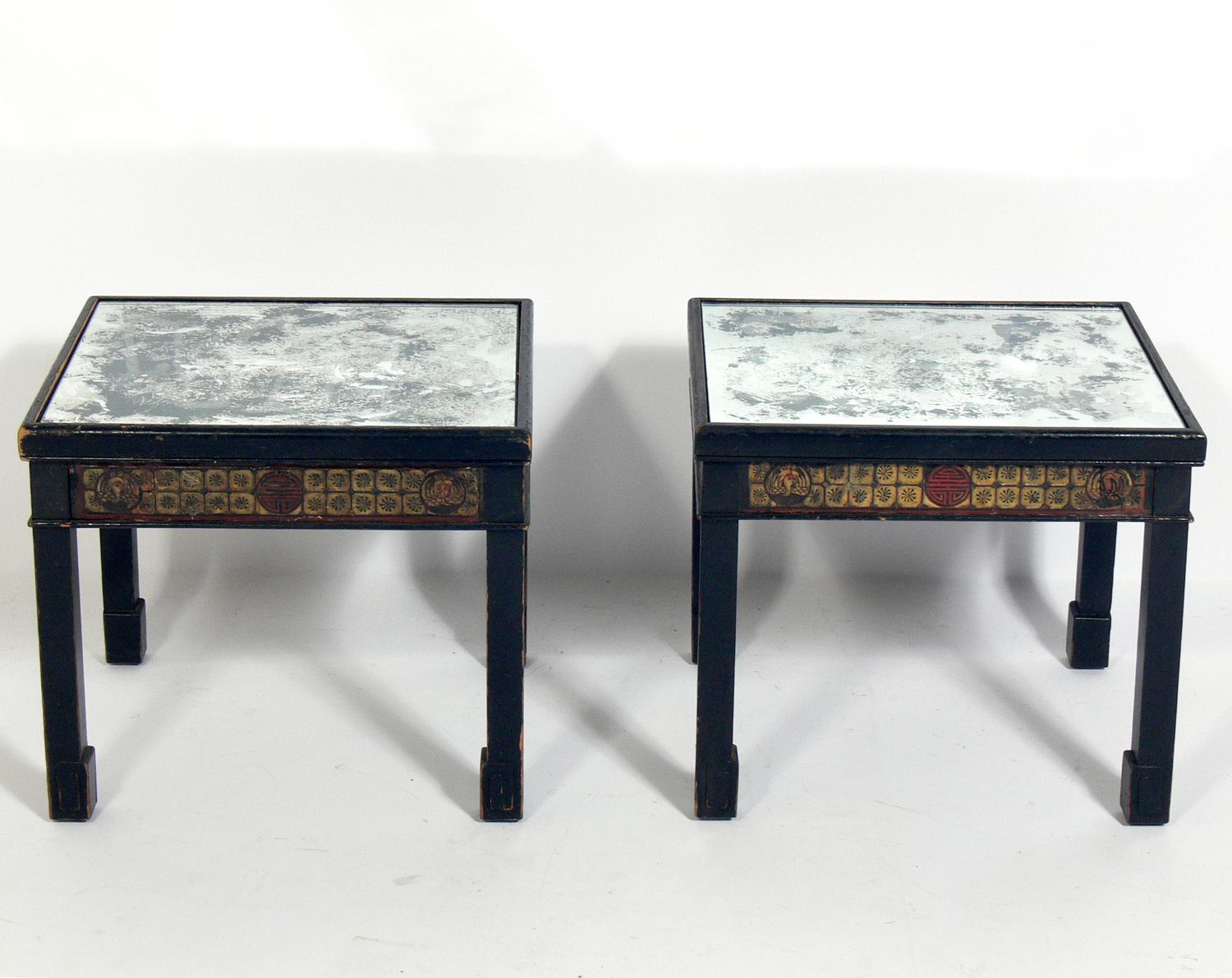 Painted Chinoiserie Antiqued Mirror Top End Tables For Sale