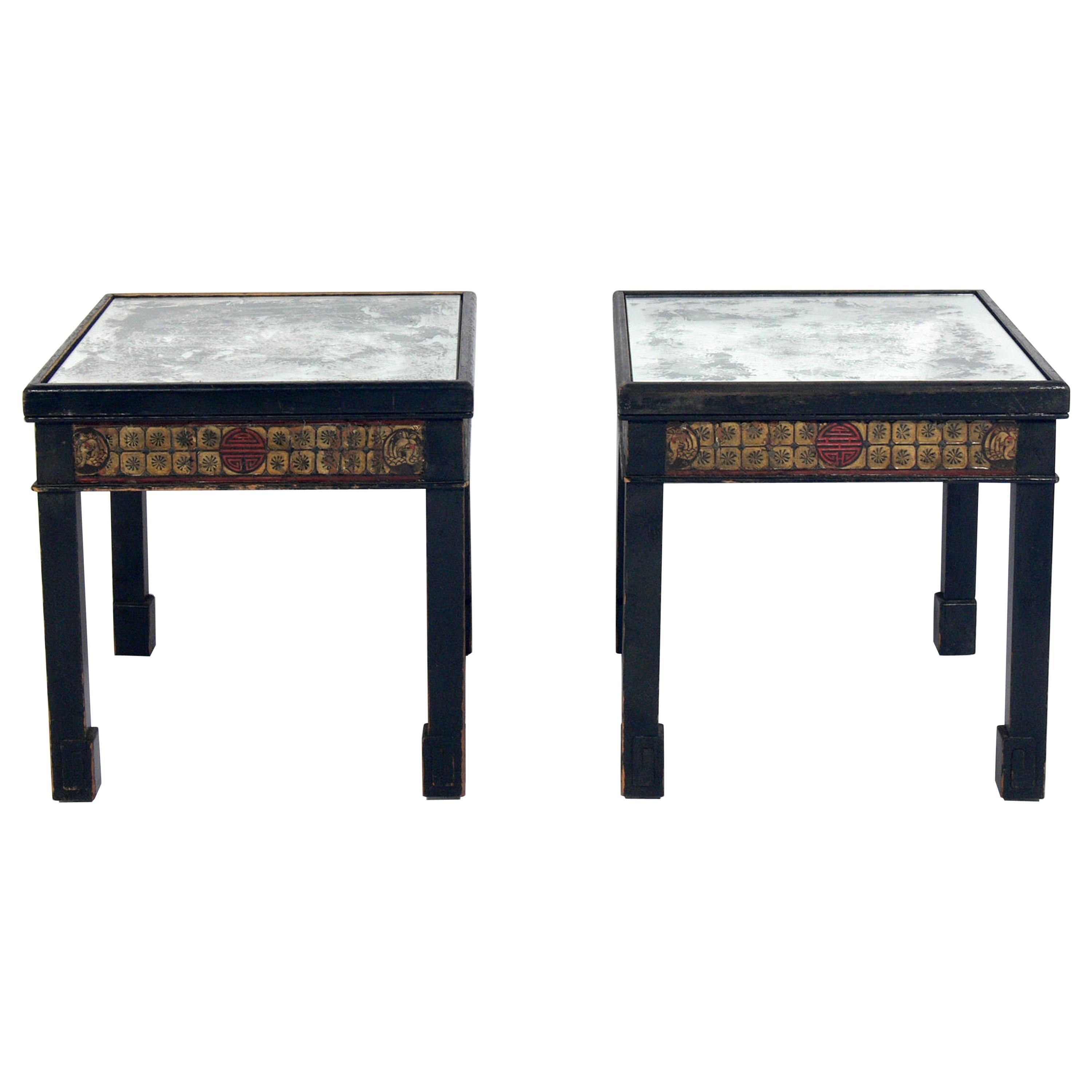Chinoiserie Antiqued Mirror Top End Tables For Sale