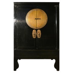 Chinoiserie Art Deco Black Lacquer and Brass Cupboard