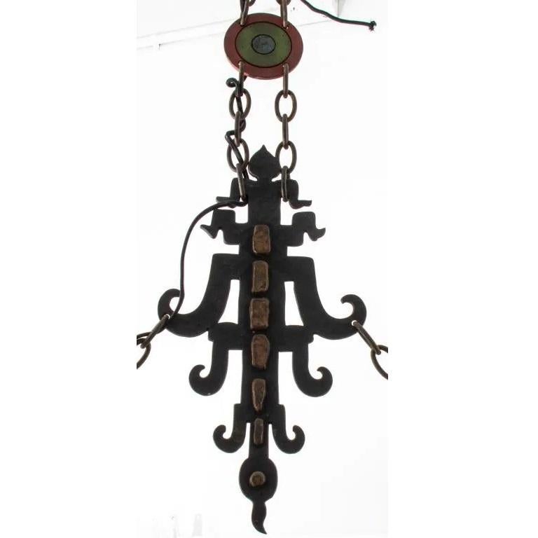 French Chinoiserie Art Deco Period Polychromed Wrought Iron Pendant Chandelier Lantern For Sale