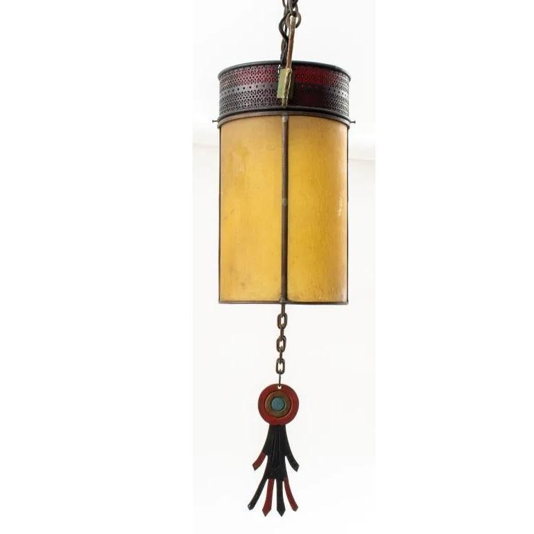 Glass Chinoiserie Art Deco Period Polychromed Wrought Iron Pendant Chandelier Lantern For Sale