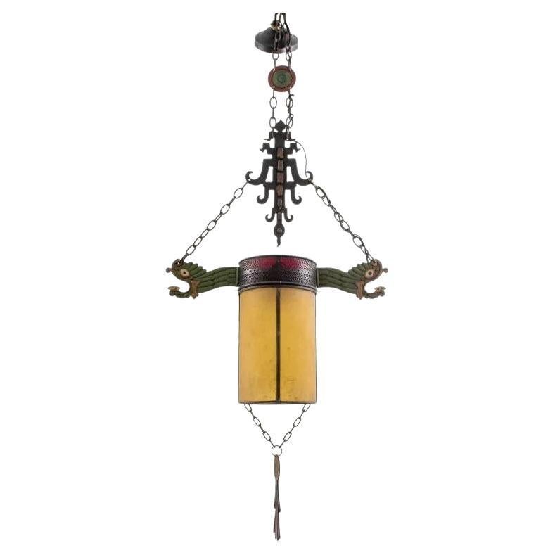 Chinoiserie Art Deco Period Polychromed Wrought Iron Pendant Chandelier Lantern For Sale