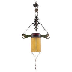 Vintage Chinoiserie Art Deco Period Polychromed Wrought Iron Pendant Chandelier Lantern