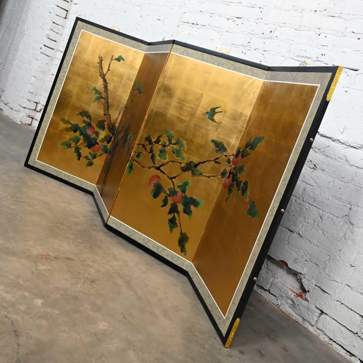 Chinoiserie Asian 4 Panel Silk Byobu Folding Screen or Wall Hanging Brass Accent 1