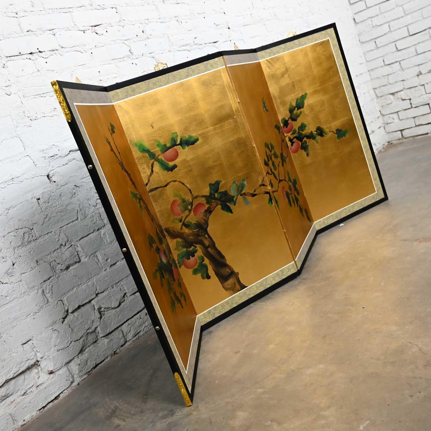 Chinoiserie Asian 4 Panel Silk Byobu Folding Screen or Wall Hanging Brass Accent 2