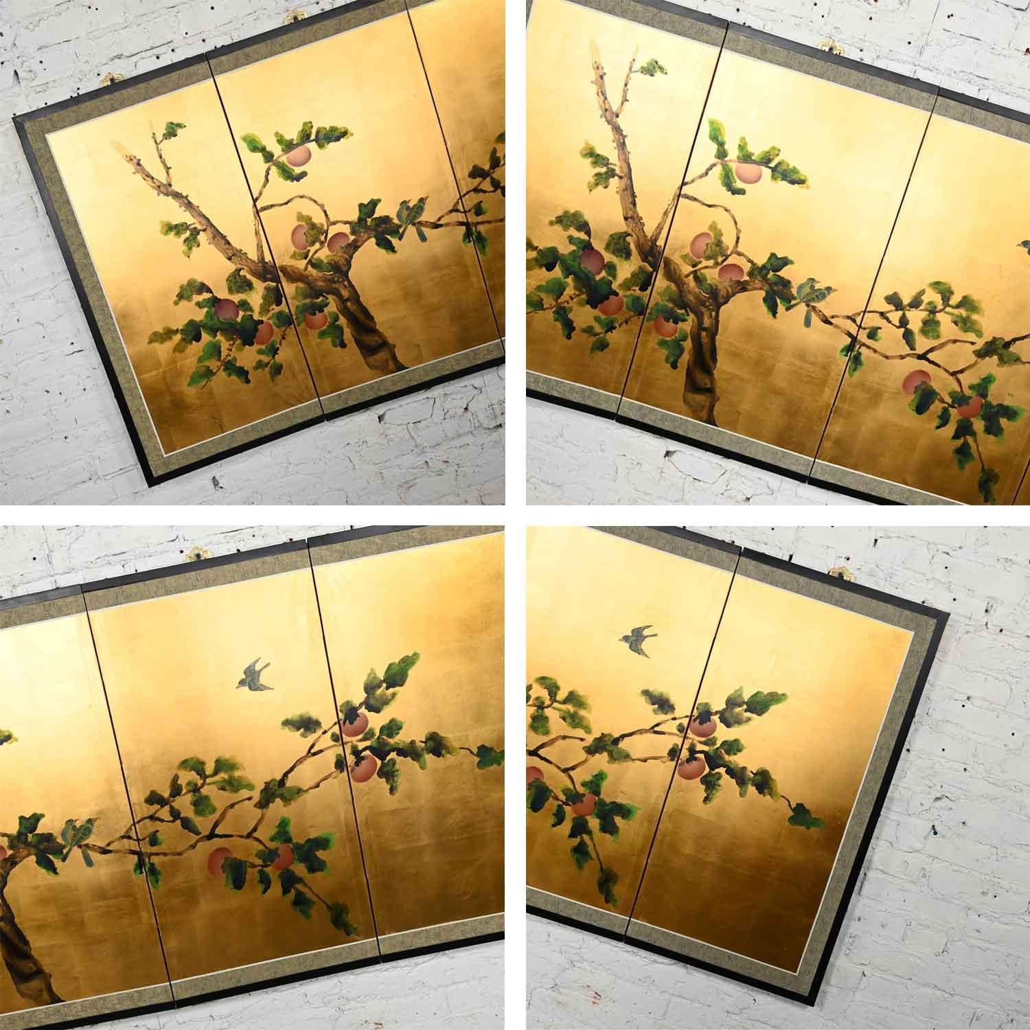 Chinoiserie Asian 4 Panel Silk Byobu Folding Screen or Wall Hanging Brass Accent 5