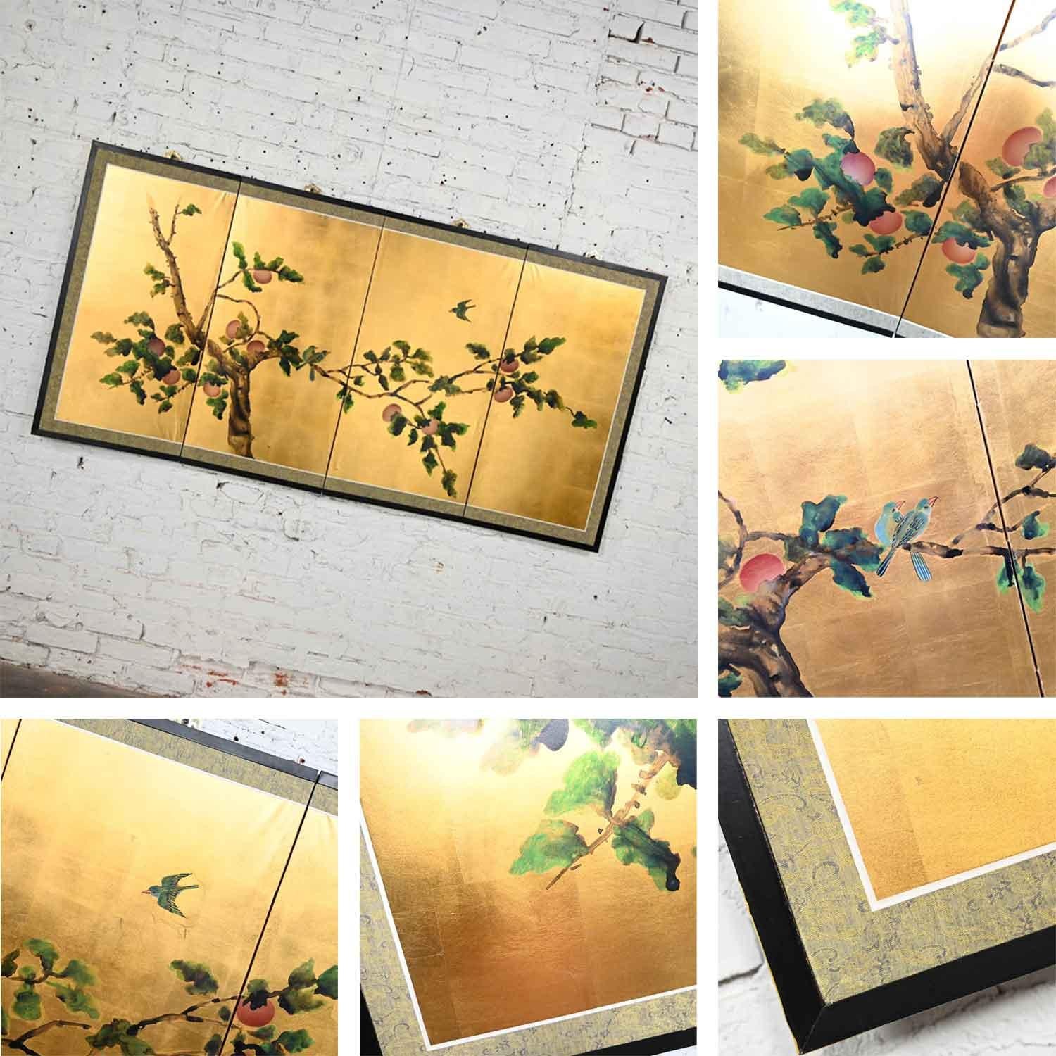 Chinoiserie Asian 4 Panel Silk Byobu Folding Screen or Wall Hanging Brass Accent 6