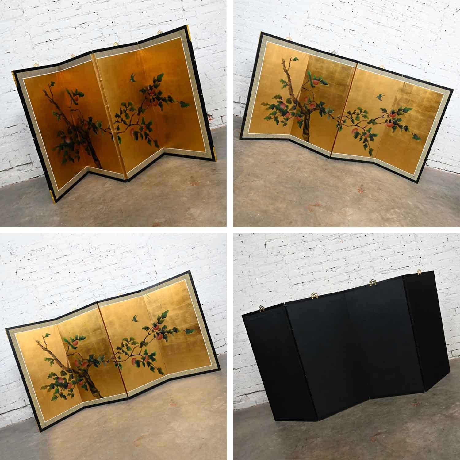 Chinoiserie Asian 4 Panel Silk Byobu Folding Screen or Wall Hanging Brass Accent 7