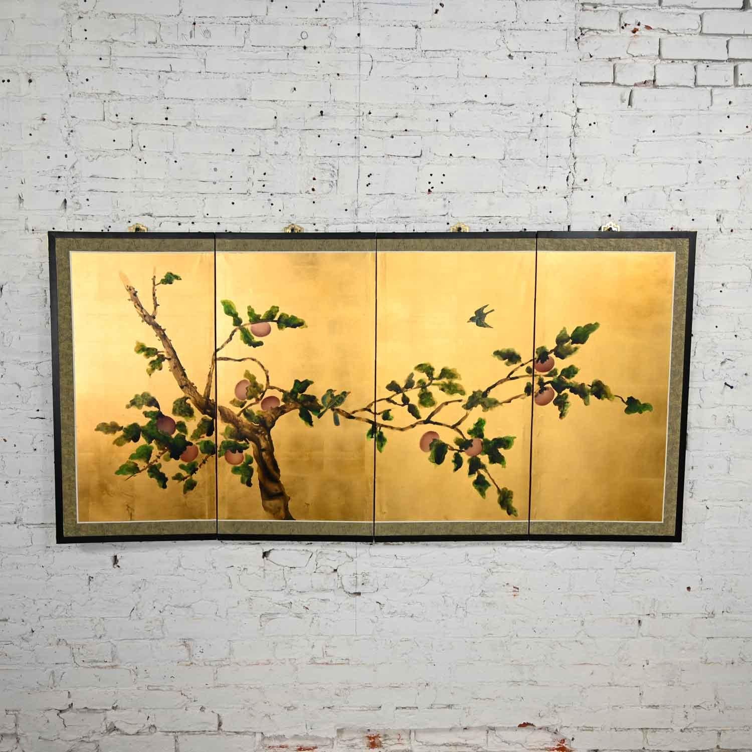 Stunning vintage Asian or Chinoiserie four panel silk Japanese byobu, folding screen, or wall hanging with brass hanging brackets. Beautiful condition, keeping in mind that this is vintage and not new so will have signs of use and wear. No