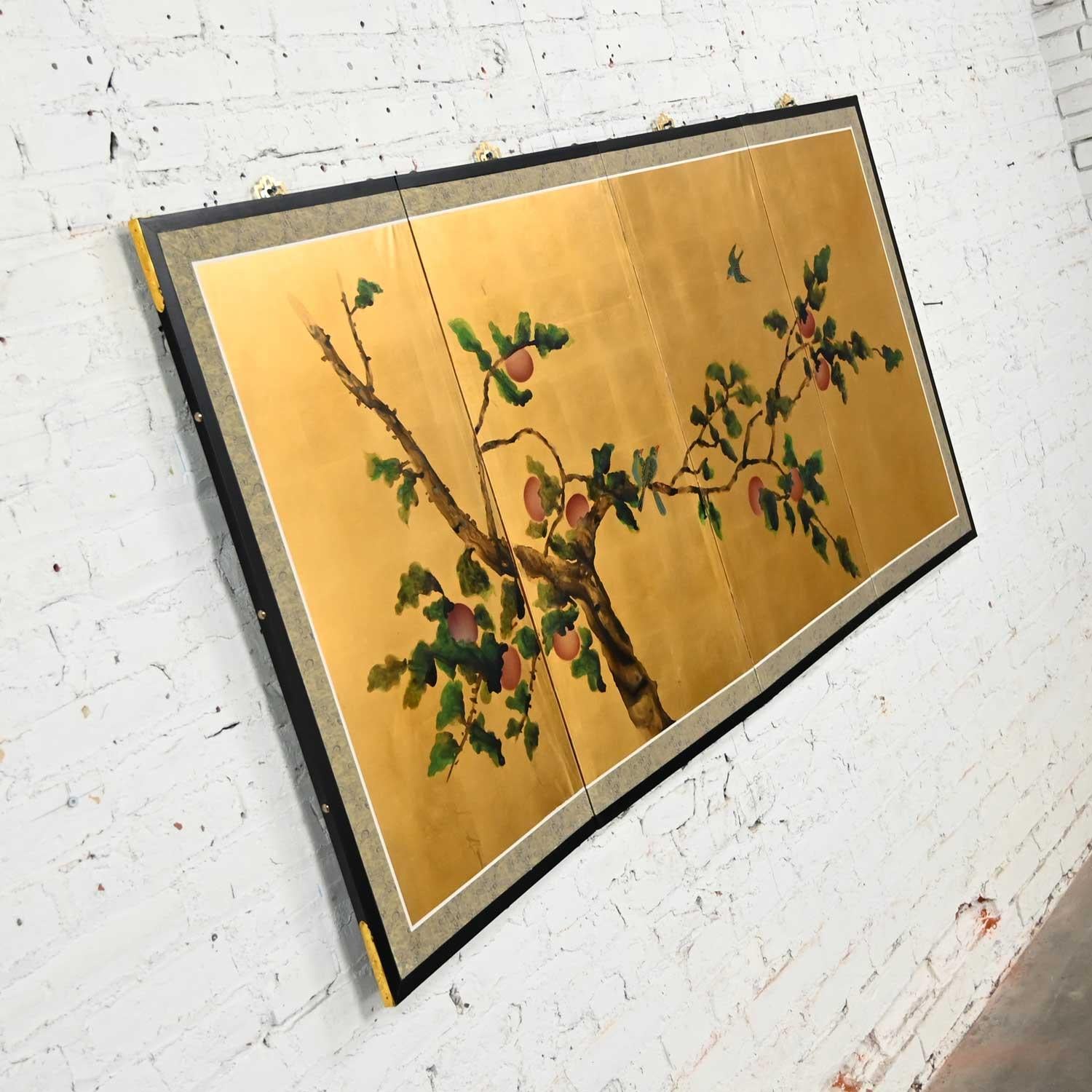 Japanese Chinoiserie Asian 4 Panel Silk Byobu Folding Screen or Wall Hanging Brass Accent