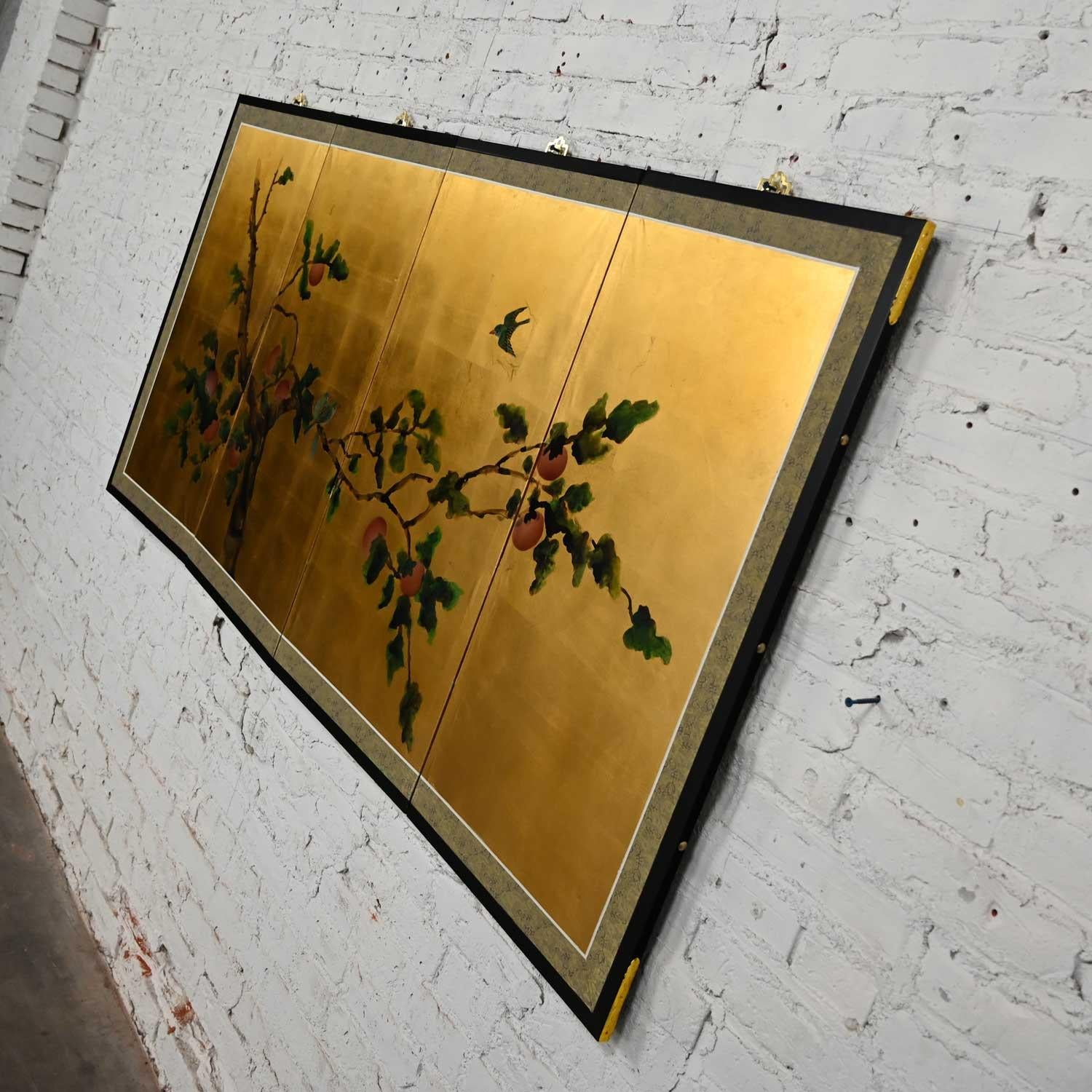 Chinoiserie Asian 4 Panel Silk Byobu Folding Screen or Wall Hanging Brass Accent In Good Condition In Topeka, KS